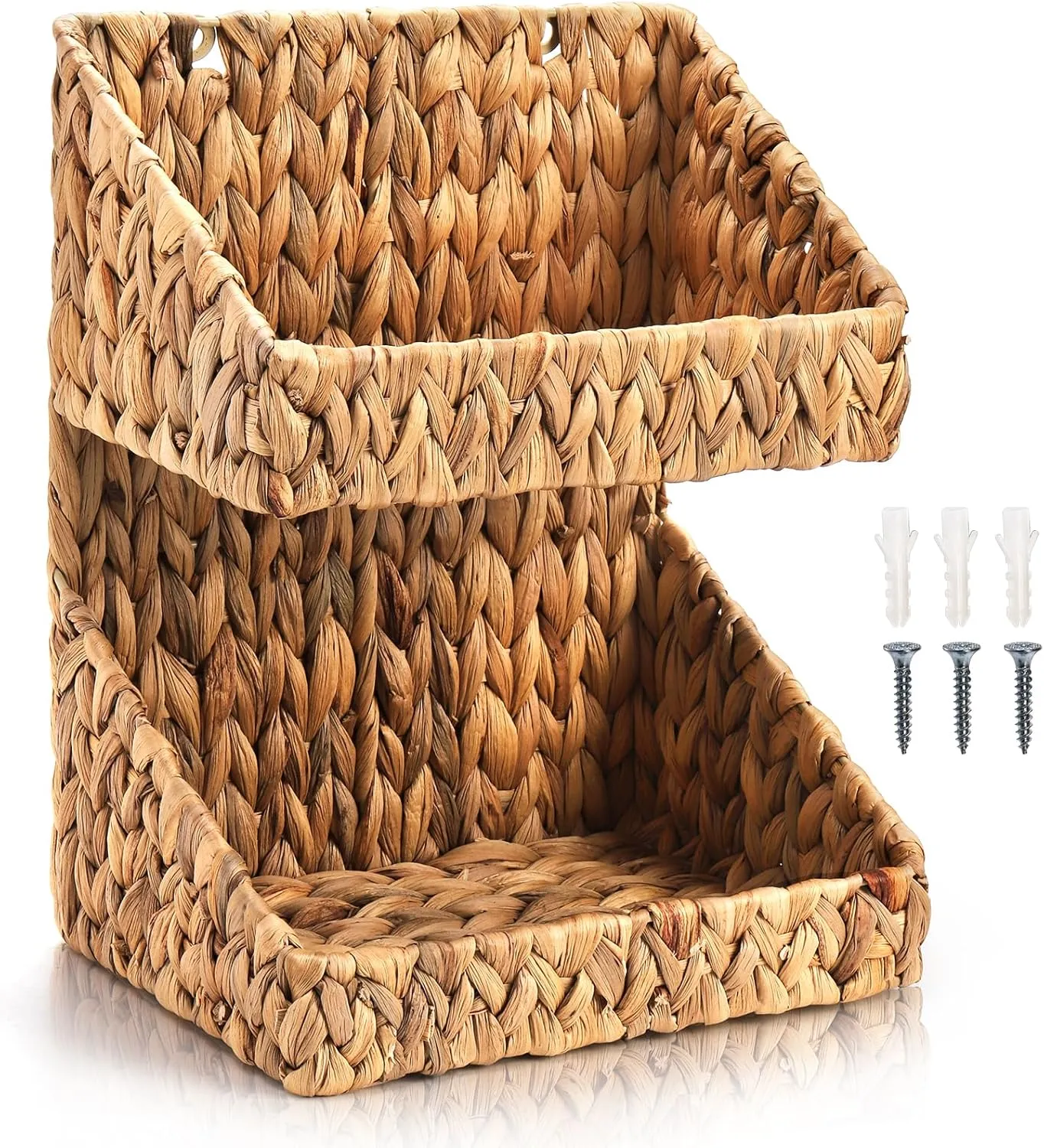 2-tier Handwoven Wicker Basket, Kitchen Countertop Organizer, Bathroom Storage Basket, Water Hyacinth Standing Rack, Fruit Vegetable Holder, Storage Shelf for Home Organization