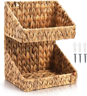 2-tier Handwoven Wicker Basket, Kitchen Countertop Organizer, Bathroom Storage Basket, Water Hyacinth Standing Rack, Fruit Vegetable Holder, Storage Shelf for Home Organization