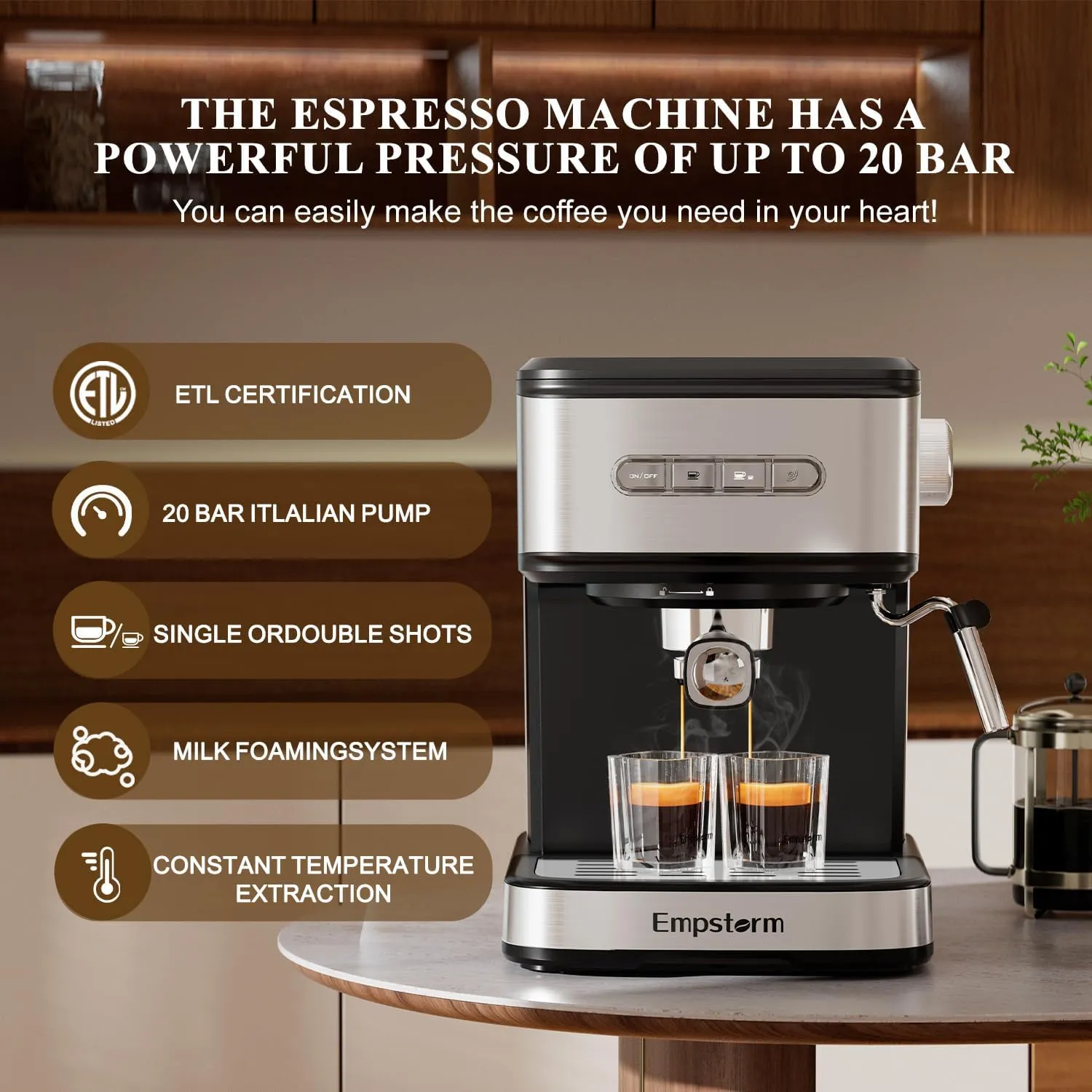 20 Bar Espresso Machine, Cappuccino Machines with Milk Frother Steam Wand, Latte Machine for Home&Barista, Automatic Shut-off Function