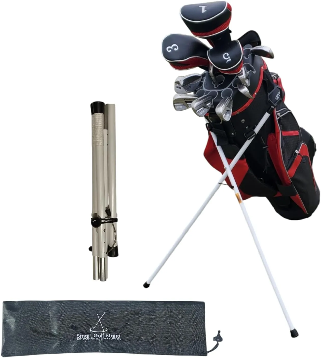 2.0: White SMART GOLF Bag STAND Attachment Foldable Legs Only, with STEEL ROPE CORD, Easy to Carry Lightweight Golf Stand, Attachable Golf Bag Accessories, White-Aluminum