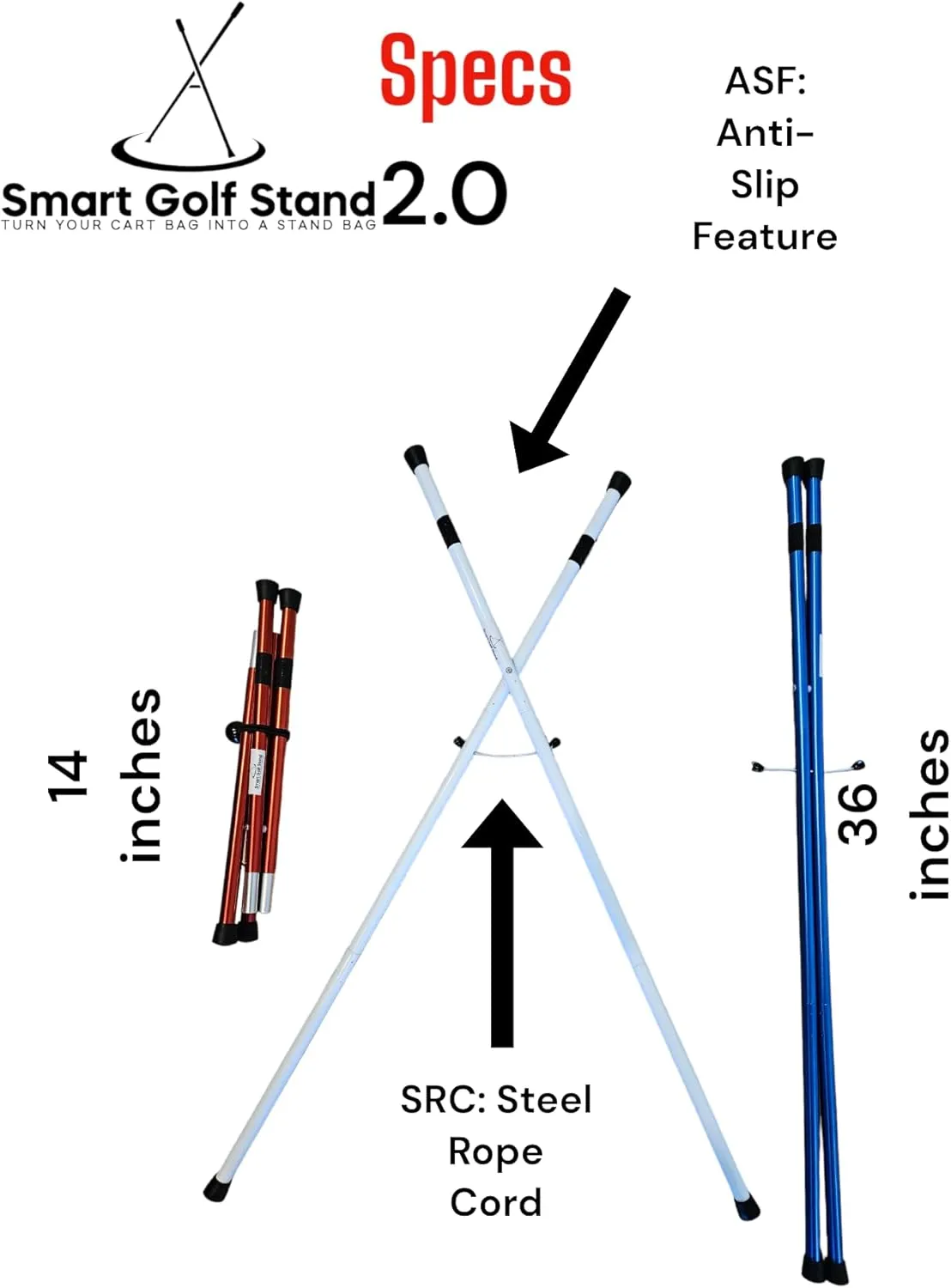 2.0: White SMART GOLF Bag STAND Attachment Foldable Legs Only, with STEEL ROPE CORD, Easy to Carry Lightweight Golf Stand, Attachable Golf Bag Accessories, White-Aluminum