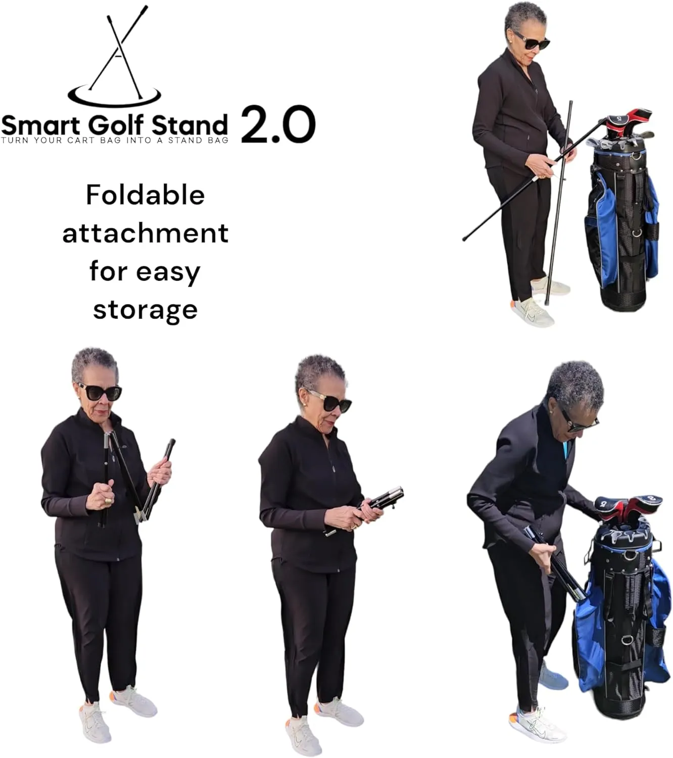 2.0: White SMART GOLF Bag STAND Attachment Foldable Legs Only, with STEEL ROPE CORD, Easy to Carry Lightweight Golf Stand, Attachable Golf Bag Accessories, White-Aluminum