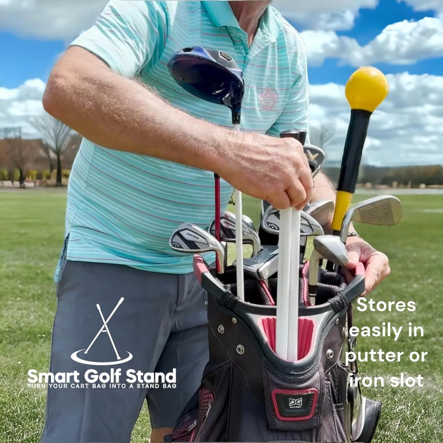 2.0: White SMART GOLF Bag STAND Attachment Foldable Legs Only, with STEEL ROPE CORD, Easy to Carry Lightweight Golf Stand, Attachable Golf Bag Accessories, White-Aluminum