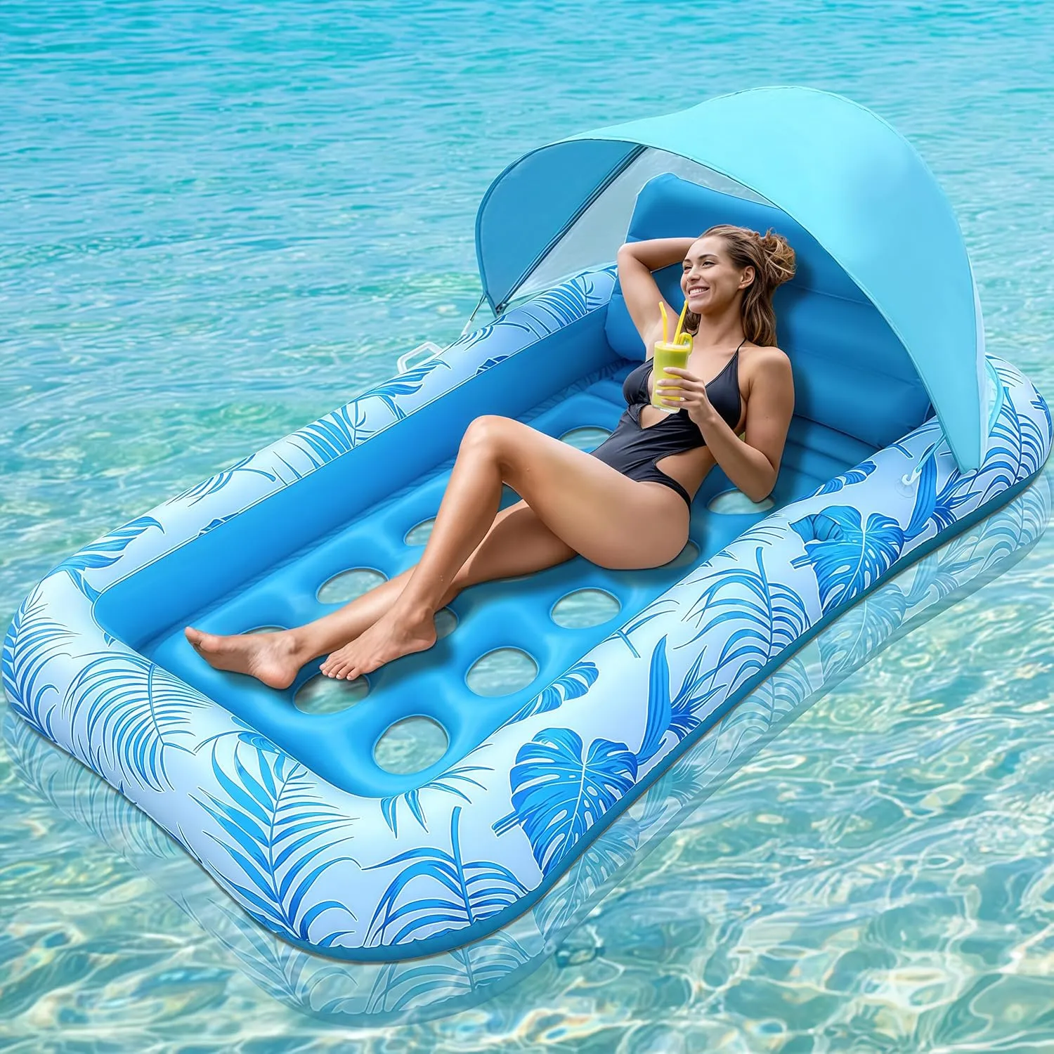 [2025 New Upgraded] Inflatable Pool Floats with Canopy, Pool Floats Adult Heavy Duty 73" x 47", Cooling Pool Lounger Float with Removable Pillow, Lake Floats Blow Up Tanning Pools for Backyard