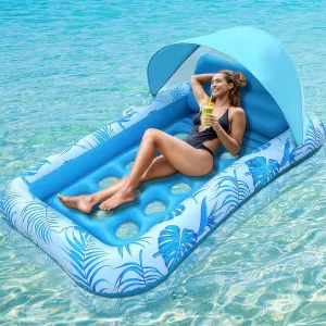 [2025 New Upgraded] Inflatable Pool Floats with Canopy, Pool Floats Adult Heavy Duty 73" x 47", Cooling Pool Lounger Float with Removable Pillow, Lake Floats Blow Up Tanning Pools for Backyard