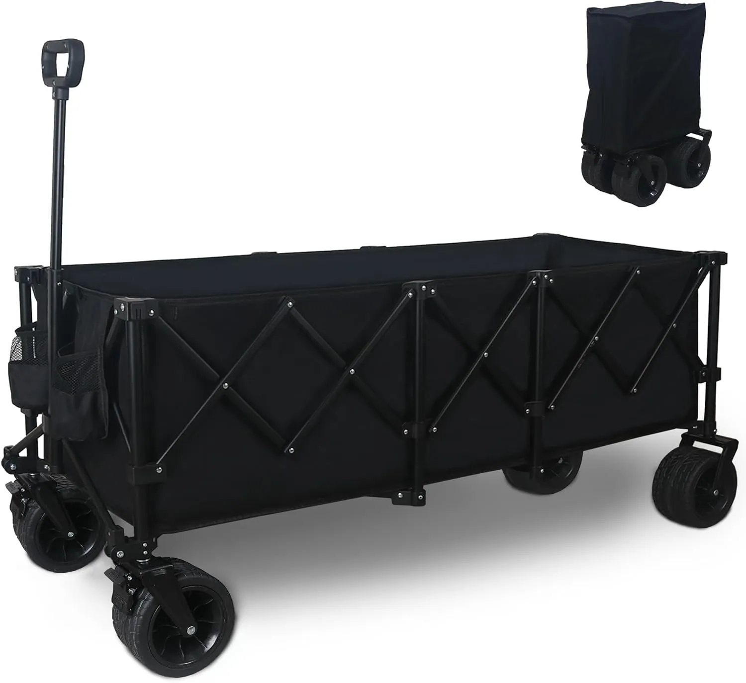 220L Collapsible Foldable Wagon with 350lbs Weight Capacity, Beach Wagon with All-Terrain Wheels & Drink Holders, Heavy Duty Folding Utility Garden Cart for Camping Sports Shopping, Black