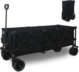 220L Collapsible Foldable Wagon with 350lbs Weight Capacity, Beach Wagon with All-Terrain Wheels & Drink Holders, Heavy Duty Folding Utility Garden Cart for Camping Sports Shopping, Black