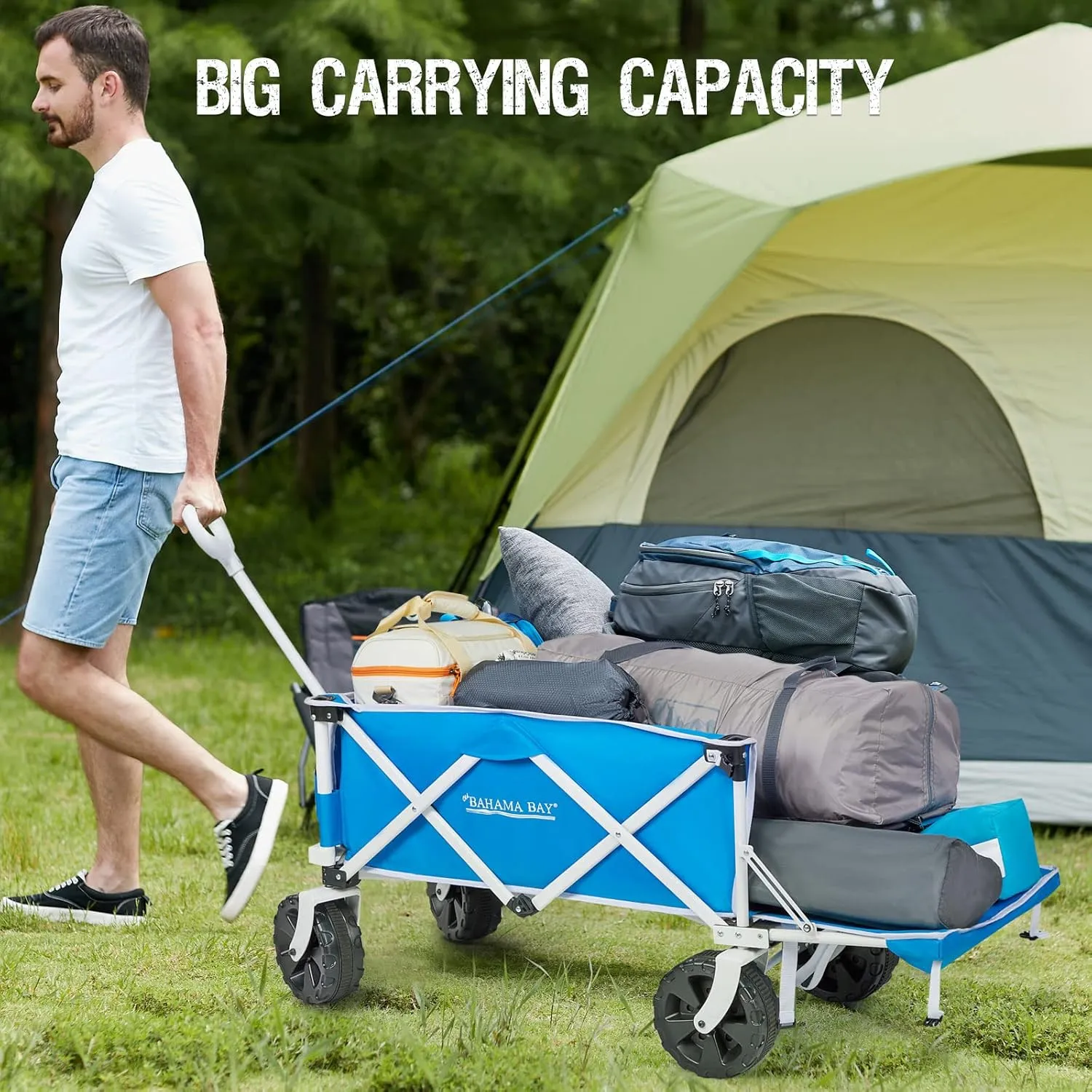 225lbs Extra Long 49" L Beach Wagon with Big Wheels for Sand, Collapsible Utility Beach Cart Heavy Duty Folding Wagon,Ideal for Outdoor Sand Camping Garden Pet