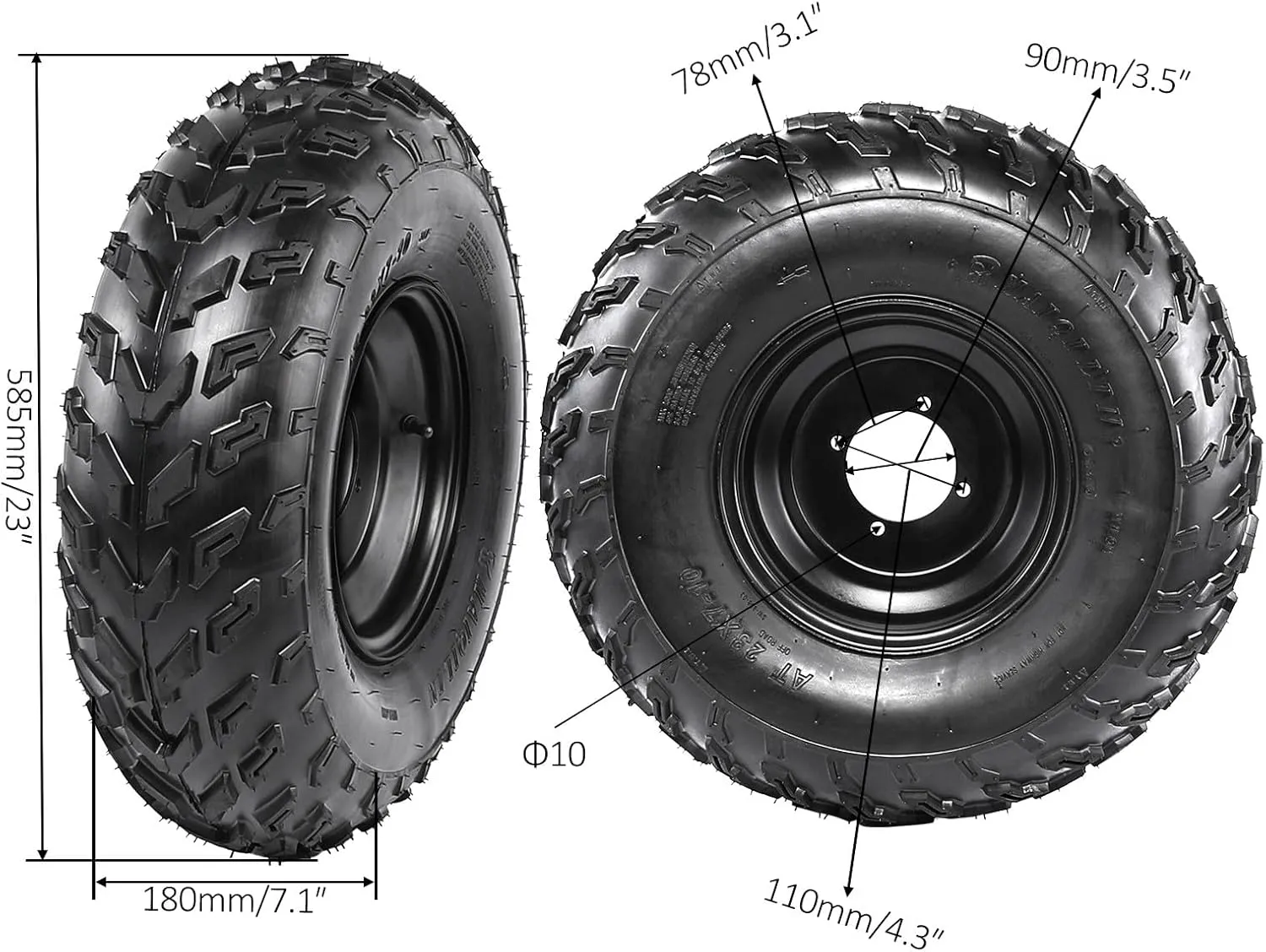 23x7-10 Wheel 23x7x10 10 Inch Tire with Inner tube and Rim Assembly 4PR 24 P.S.I for 200cc 250cc 300cc ATV UTV Go Kart Golf Cart Buggy Quad Moped Dune Beach Cart Lawn Mower 4 Wheeler (Right Side)