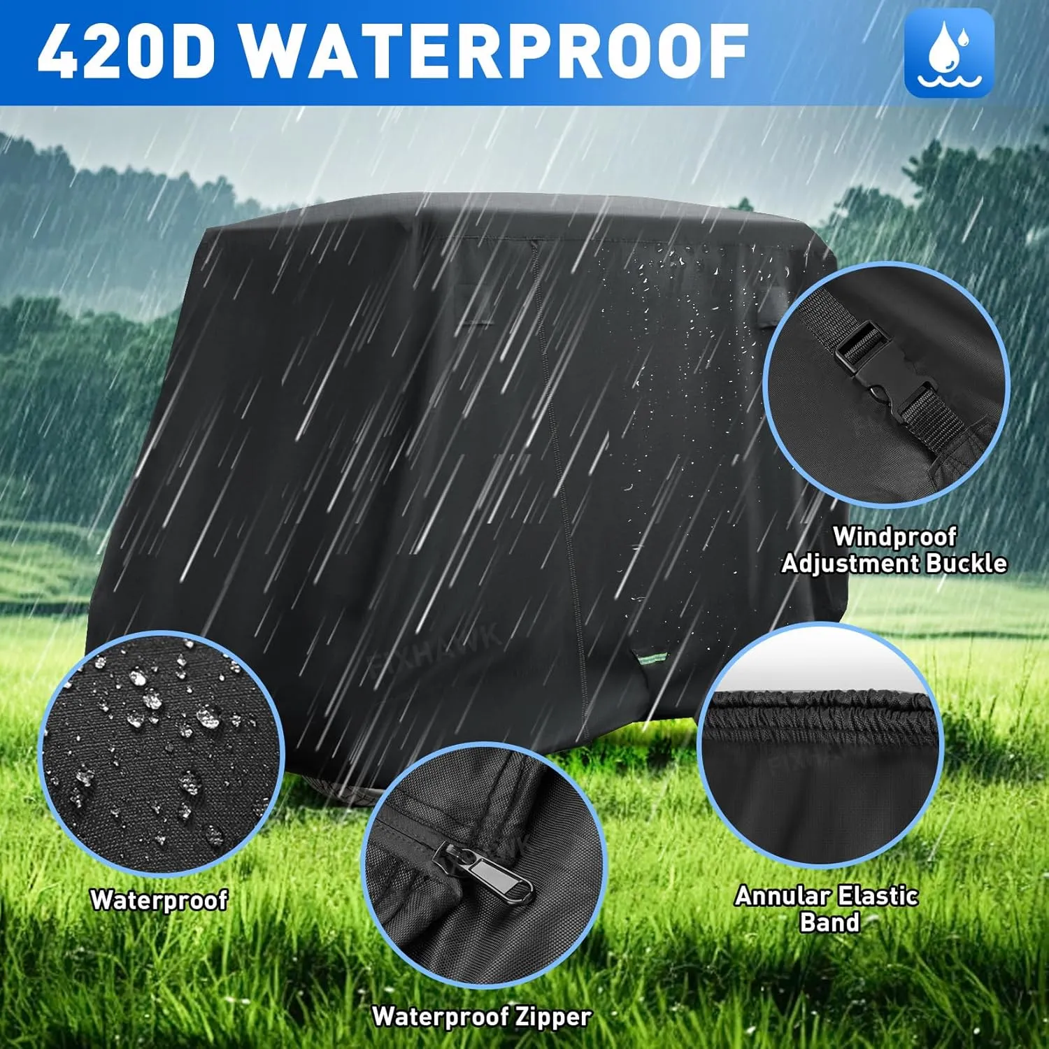 2/4 Passenger Golf Cart Cover for Club Car, EZGO,Yamaha Model, 420D PU Oxford Fabrics Waterproof Golf Cart Covers All-Weather Protection Full Cover 3-Zipper (Black / Gray)