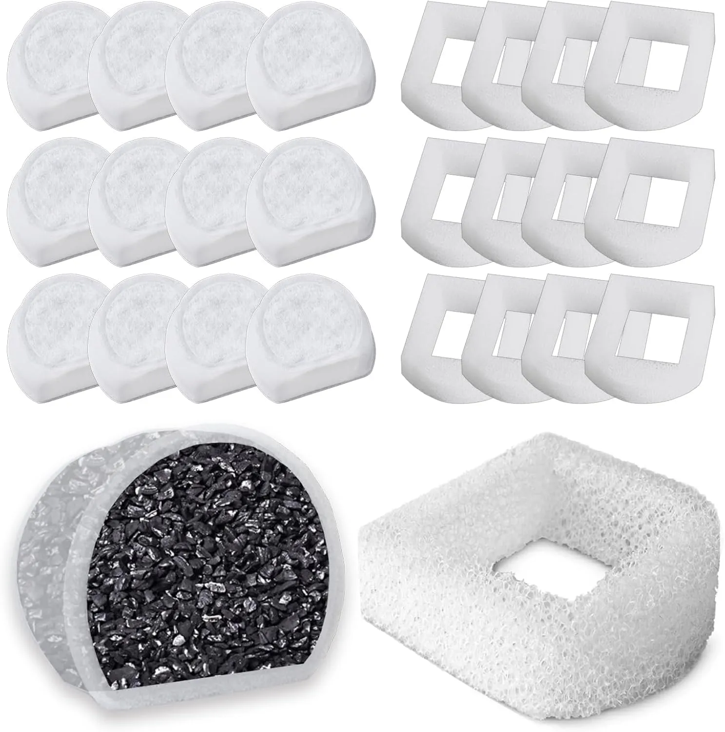 24PCS Cat Water Fountain Filter, 12 Carbon Pet Fountain Filters and 12 Foam Replacement Filters for Petsafe Fountain, Compatible with Drinkwell Fountain Filters for Avalon Pagoda etc