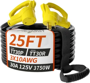 25 FT 30 Amp RV Extension Cord Outdoor with Grip Handle, Flexible Heavy Duty 10/3 Gauge STW RV Power Cord Waterproof with Cable Organizer, NEMA TT-30P to TT-30R, Black-Yellow, ETL Listed