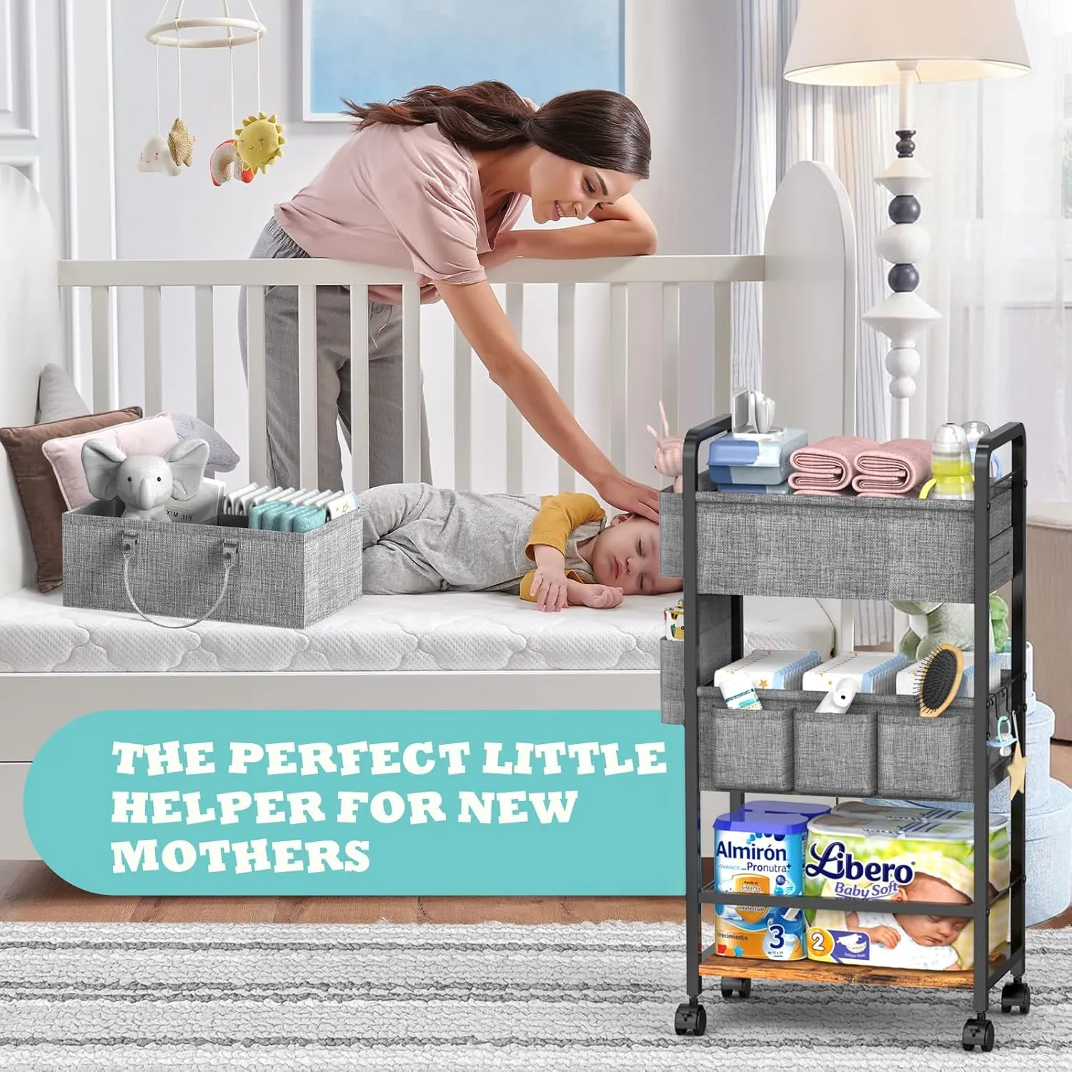 2In1 Baby Diaper Caddy & 4-Tier Organizer With Wheels, Rolling Cart With Dividers & Dust-proof Drawer, Metal Detachable Bedside Cart for Nursery Essentials Storage, Large Capacity