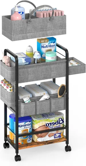 2In1 Baby Diaper Caddy & 4-Tier Organizer With Wheels, Rolling Cart With Dividers & Dust-proof Drawer, Metal Detachable Bedside Cart for Nursery Essentials Storage, Large Capacity