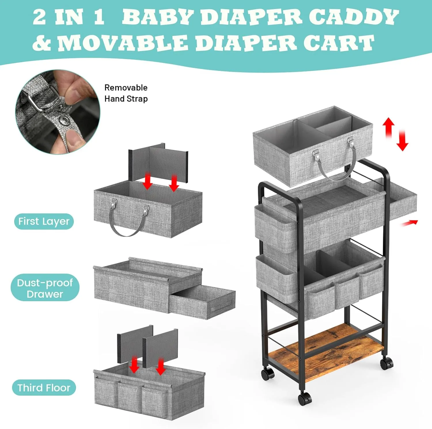 2In1 Baby Diaper Caddy & 4-Tier Organizer With Wheels, Rolling Cart With Dividers & Dust-proof Drawer, Metal Detachable Bedside Cart for Nursery Essentials Storage, Large Capacity