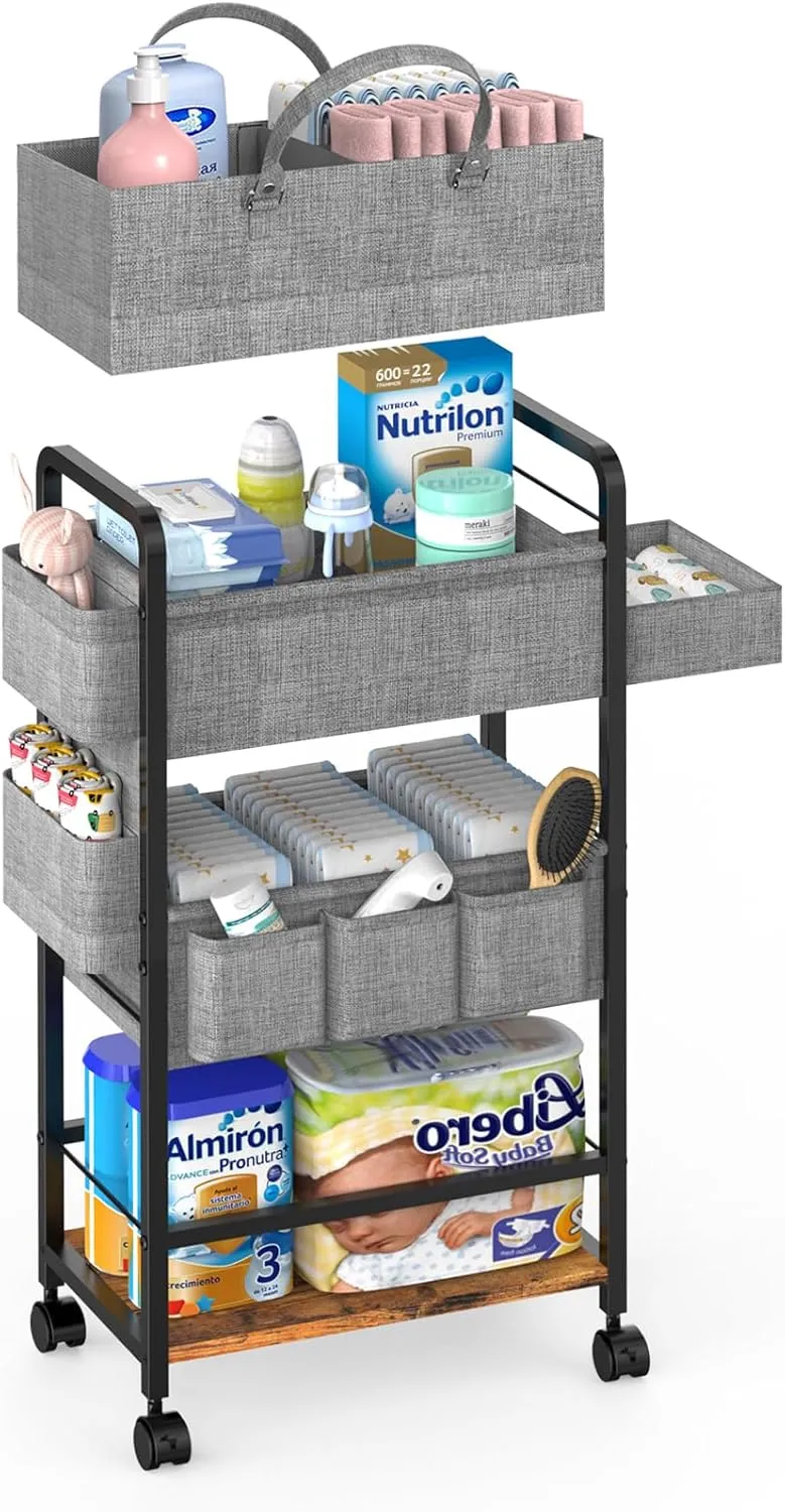 2In1 Baby Diaper Caddy & 4-Tier Organizer With Wheels, Rolling Cart With Dividers & Dust-proof Drawer, Metal Detachable Bedside Cart for Nursery Essentials Storage, Large Capacity