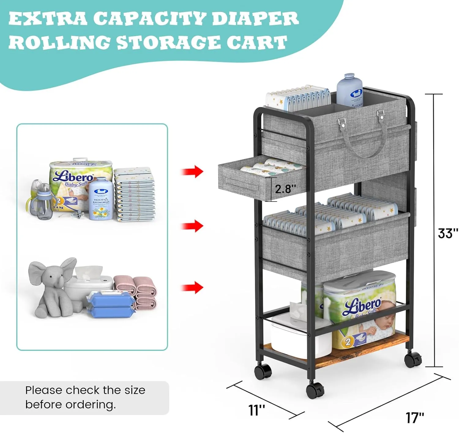 2In1 Baby Diaper Caddy & 4-Tier Organizer With Wheels, Rolling Cart With Dividers & Dust-proof Drawer, Metal Detachable Bedside Cart for Nursery Essentials Storage, Large Capacity