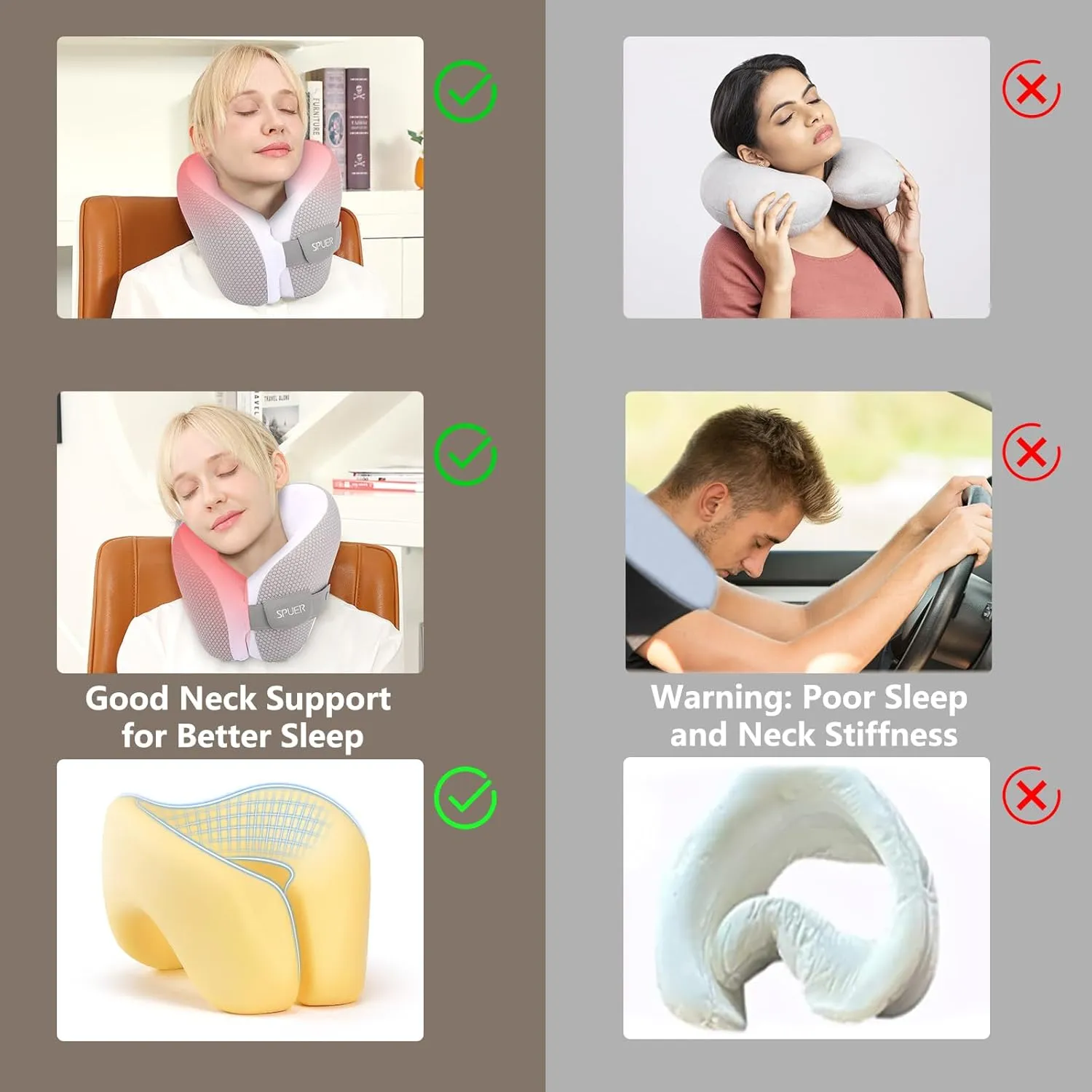 2in1 Ergonomic Memory Foam Travel Neck Pillow – Travel Pillow for All Sleep Positions on Flights, Road Trips, and Long Distance Travel with Drawstring Bag (Adjustable - Gray and White)
