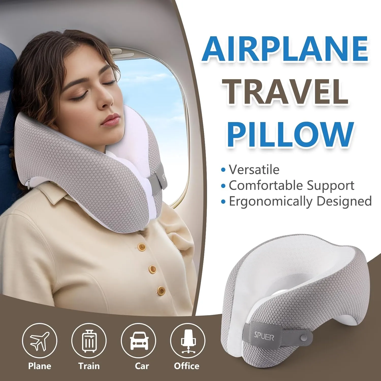 2in1 Ergonomic Memory Foam Travel Neck Pillow – Travel Pillow for All Sleep Positions on Flights, Road Trips, and Long Distance Travel with Drawstring Bag (Adjustable - Gray and White)