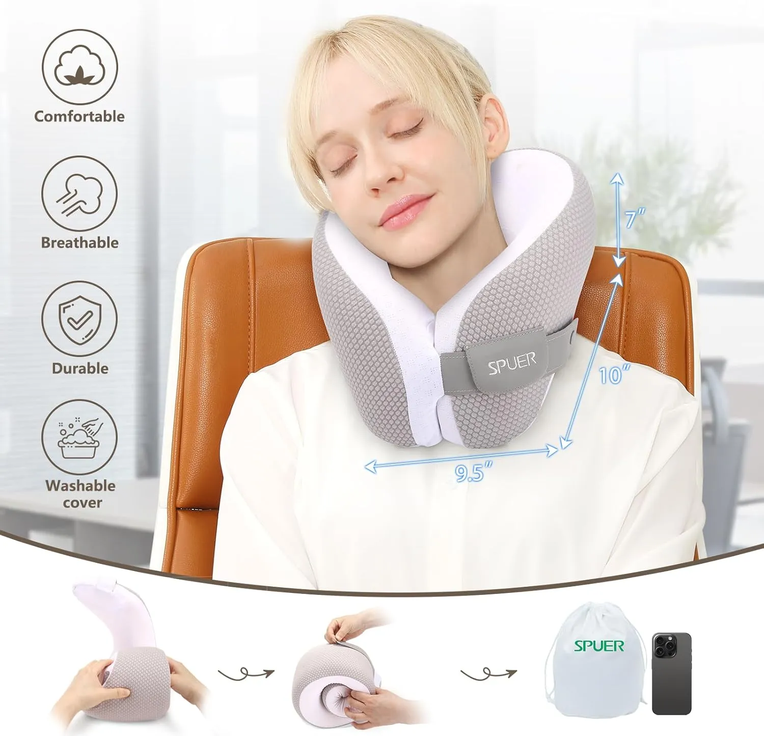 2in1 Ergonomic Memory Foam Travel Neck Pillow – Travel Pillow for All Sleep Positions on Flights, Road Trips, and Long Distance Travel with Drawstring Bag (Adjustable - Gray and White)