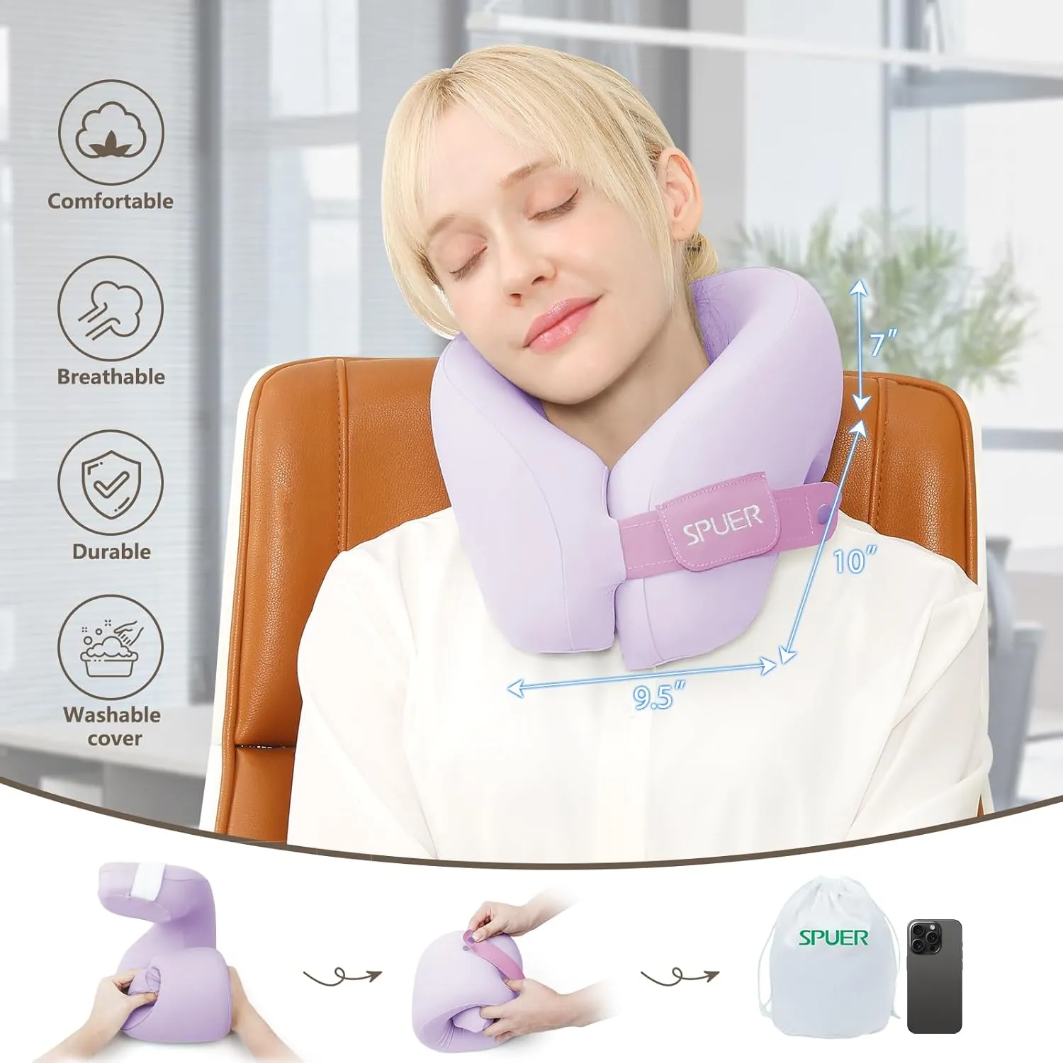 2in1 Ergonomic Memory Foam Travel Neck Pillow – Travel Pillow for All Sleep Positions on Flights, Road Trips, and Long Distance Travel with Drawstring Bag (Adjustable - Lavender)