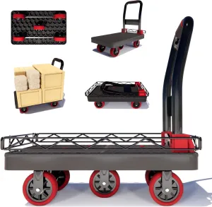 2IN1 Heavy Duty Platform Trucks Flatbed Carts, 42×26In 2000lbs Capacity Push Cart Dolly Hand Trucks w/Detachable Solid Steel Wire Fence, Collapsible Cage Cart Dolly, 5-Inch Silent TPR Wheels