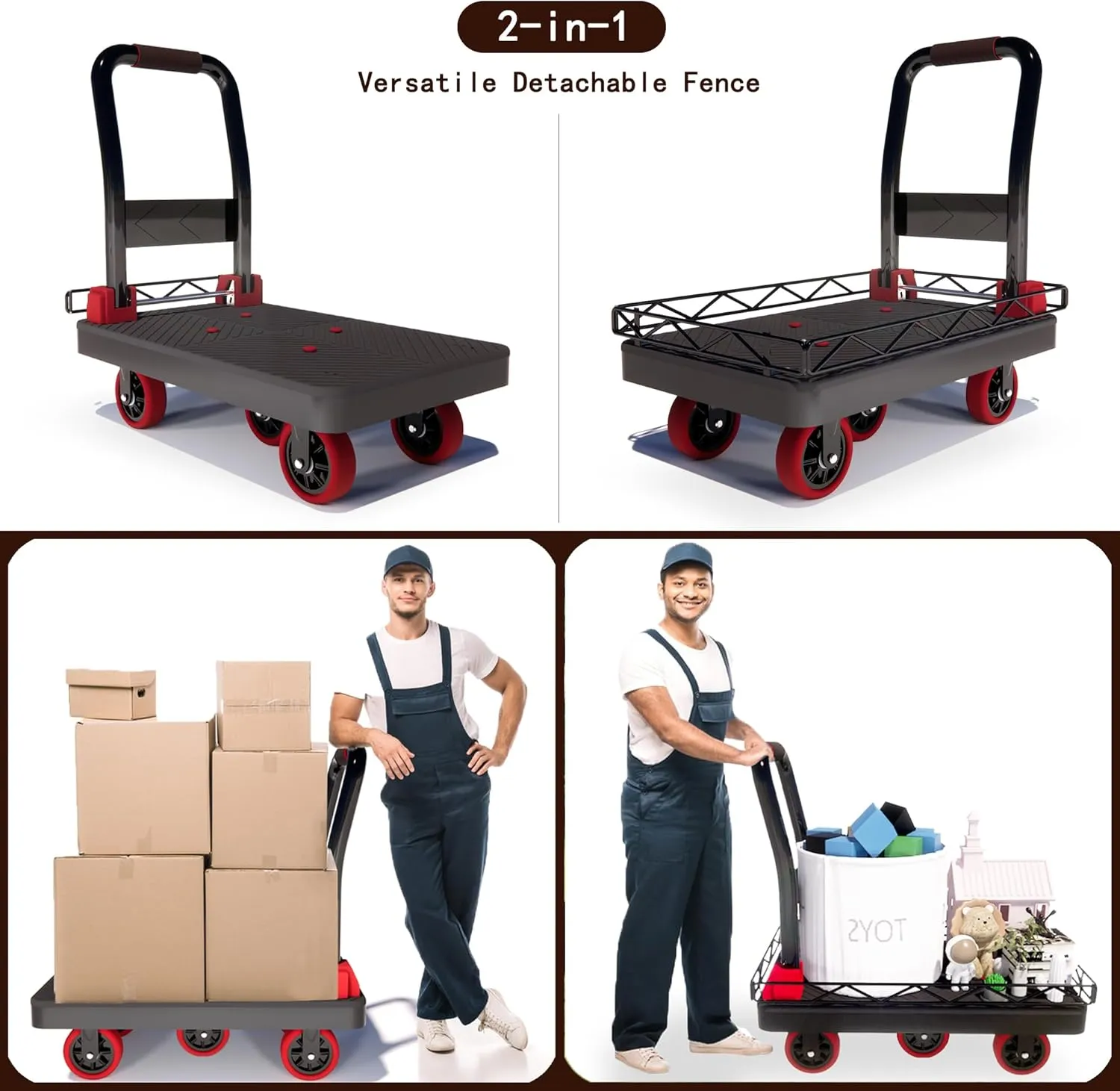 2IN1 Heavy Duty Platform Trucks Flatbed Carts, 42×26In 2000lbs Capacity Push Cart Dolly Hand Trucks w/Detachable Solid Steel Wire Fence, Collapsible Cage Cart Dolly, 5-Inch Silent TPR Wheels