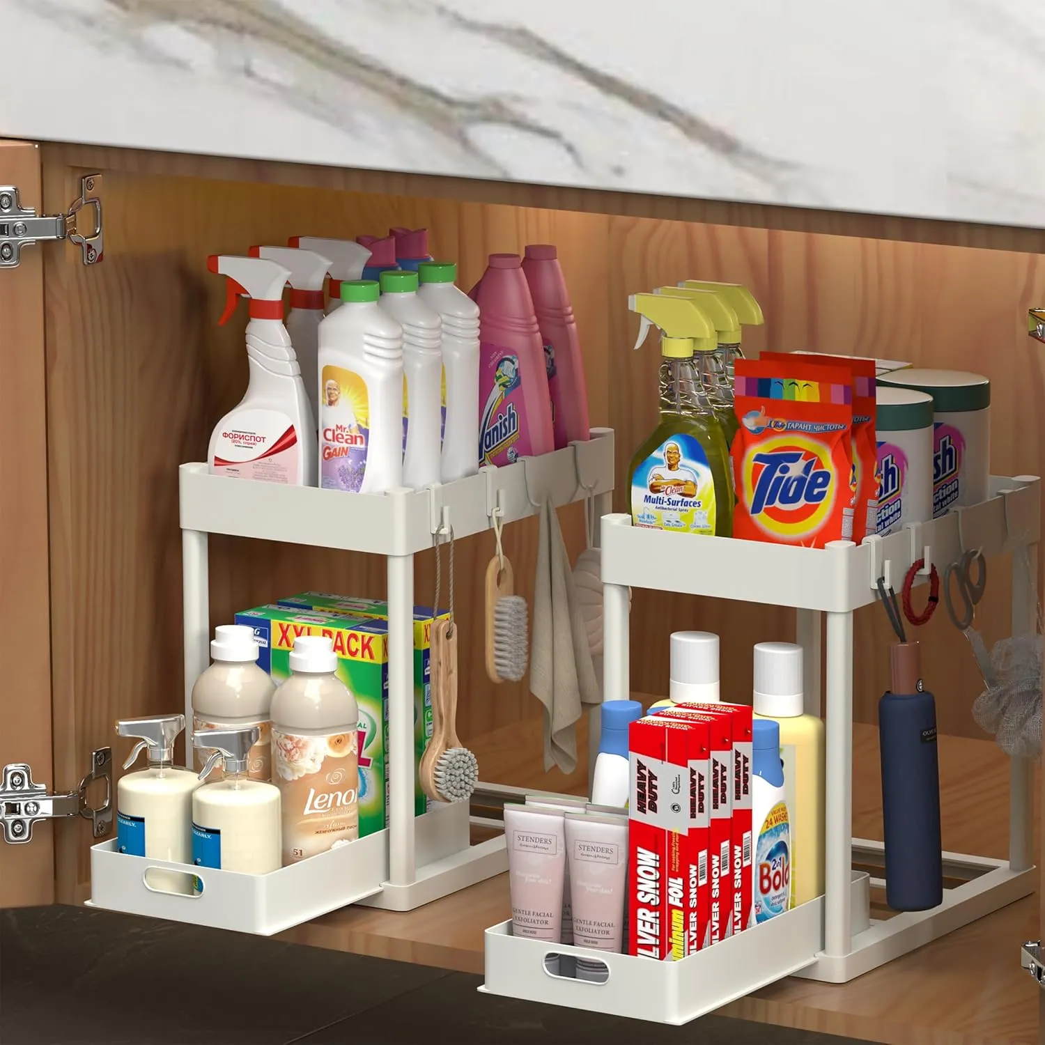 2PC Under Sink Organizer Rack 2 Tier Under Sliding Cabinet Basket Organizer Drawer with 4 Hooks, Multi-purpose Under Sink Storage for Bathroom Kitchen Desktop（White）