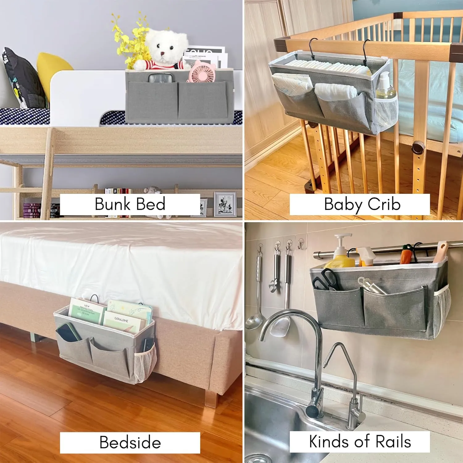 2pcs Bedside Caddy, 14.6'' Large Storage Organizer, Hanging Bag Holder with Pockets for Bedroom, Loft Bed Tent, Top Bunk bed Shelf Accessories (Grey)