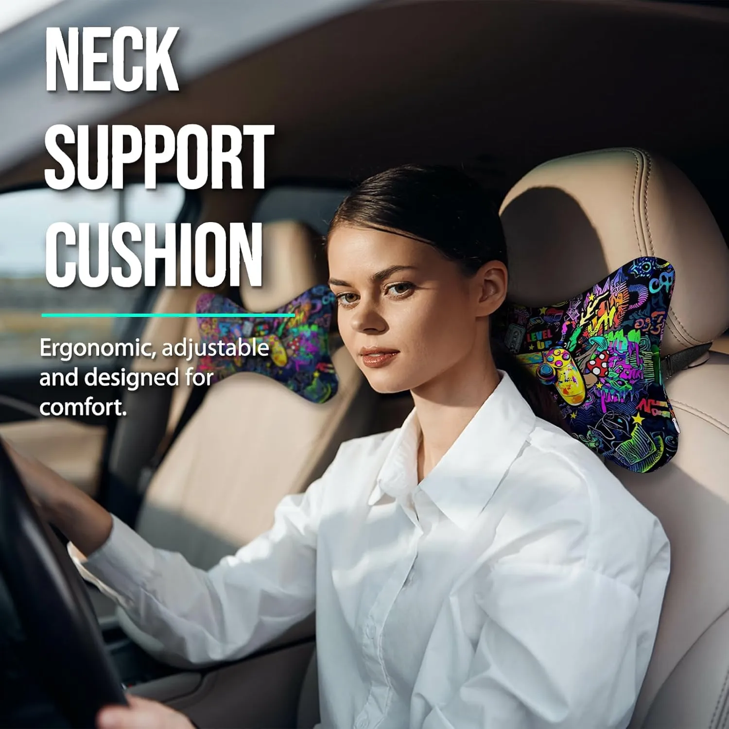 2Pcs Cool Super Comfy Car Headrest Pillow for Neck Support 100% Memory Foam & Breathable Removable Cover Car Neck Pain Relief with Adjustable Strap - Softness Travel Car Neck Pillow
