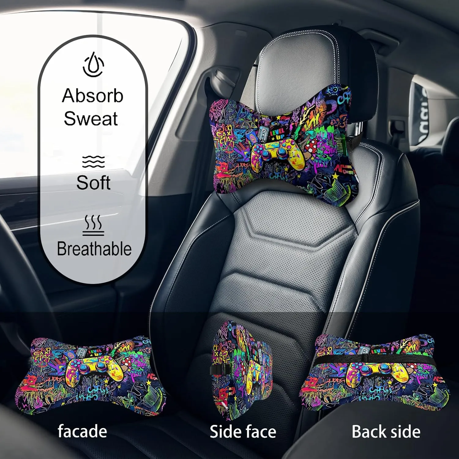 2Pcs Cool Super Comfy Car Headrest Pillow for Neck Support 100% Memory Foam & Breathable Removable Cover Car Neck Pain Relief with Adjustable Strap - Softness Travel Car Neck Pillow