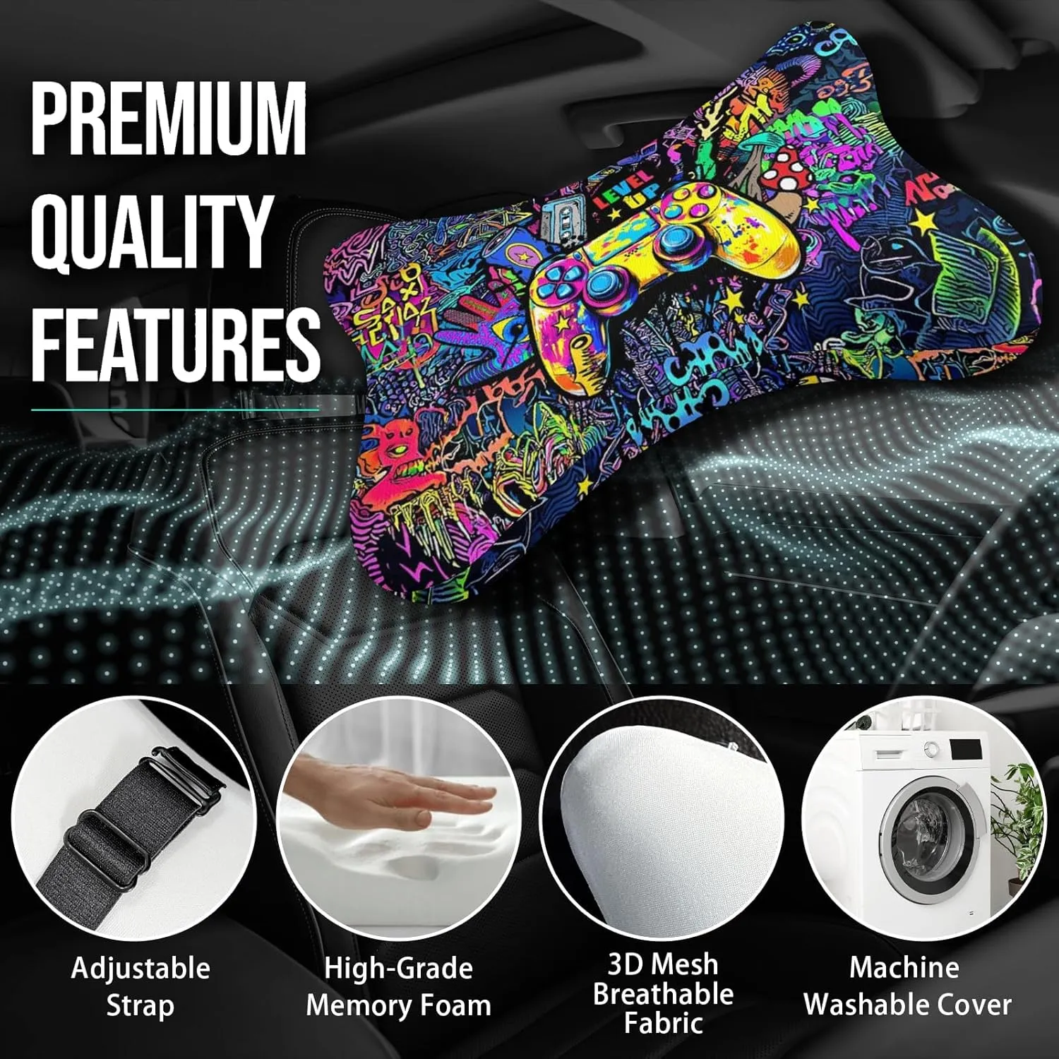 2Pcs Cool Super Comfy Car Headrest Pillow for Neck Support 100% Memory Foam & Breathable Removable Cover Car Neck Pain Relief with Adjustable Strap - Softness Travel Car Neck Pillow