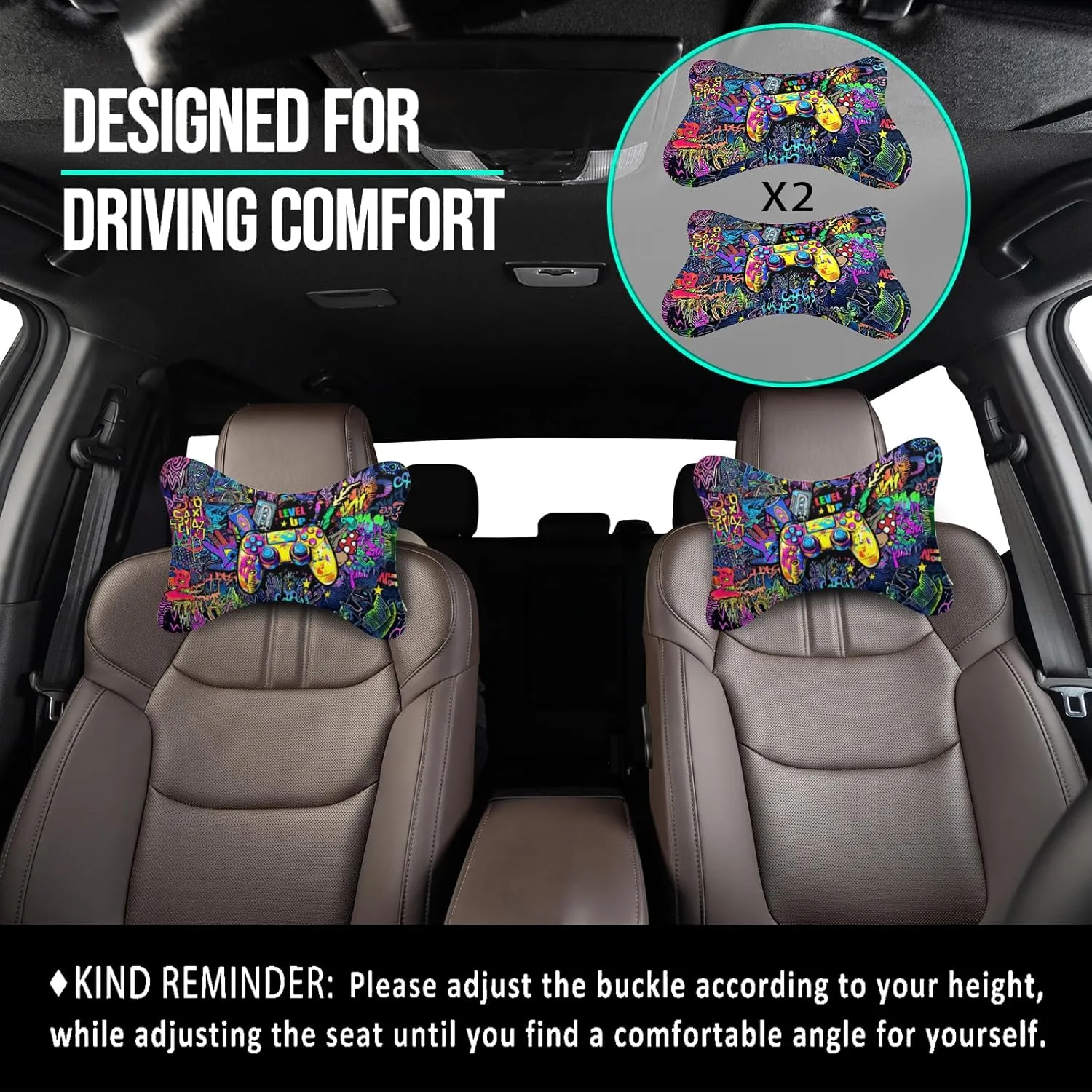 2Pcs Cool Super Comfy Car Headrest Pillow for Neck Support 100% Memory Foam & Breathable Removable Cover Car Neck Pain Relief with Adjustable Strap - Softness Travel Car Neck Pillow