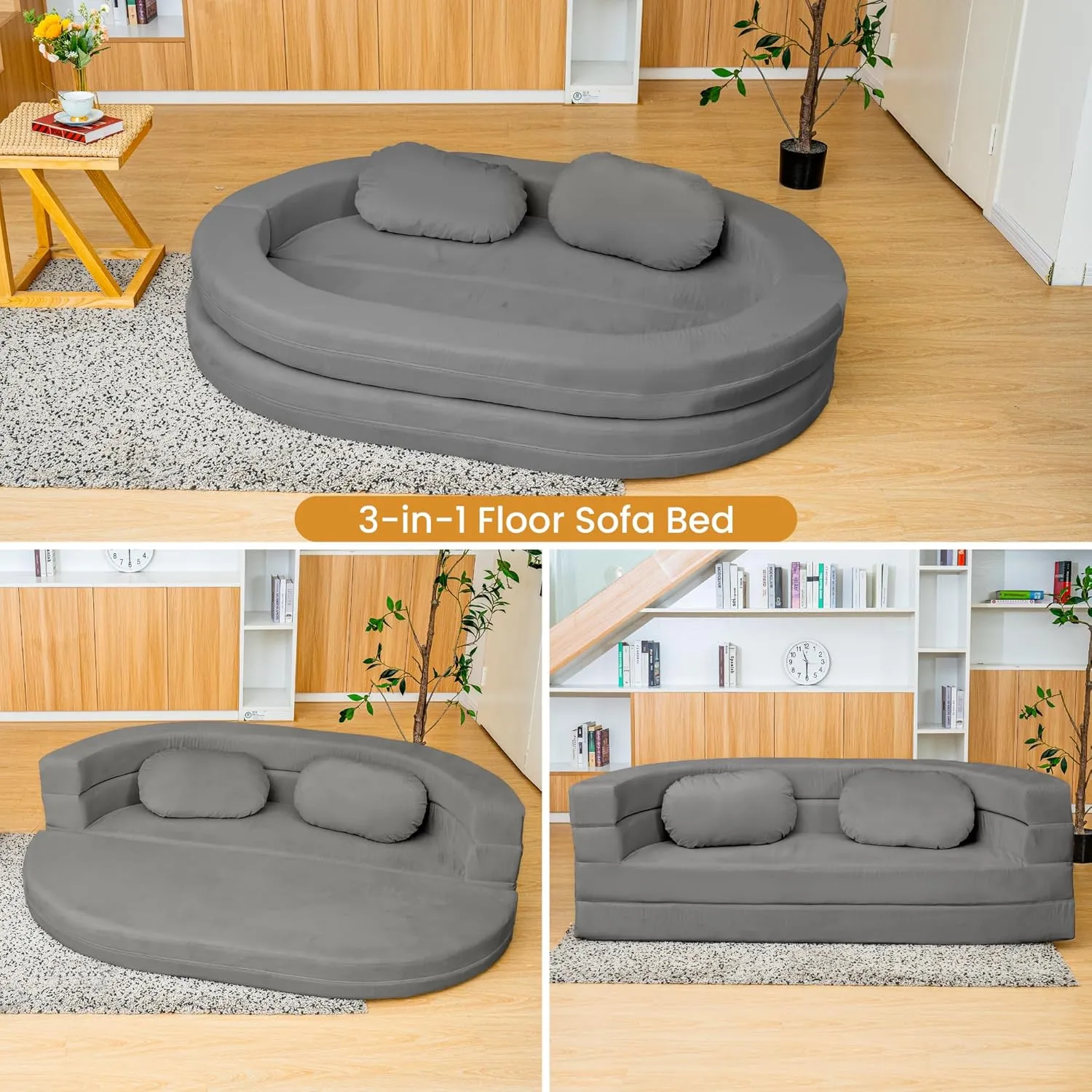 3-in-1 Bean Bag Chair for Adults, Folding Bean Bag Sofa, Giant Lazy Floor Sofa Bed, Velvet Memory Foam BeanBag Chairs with Pillow for Bedroom, Living Room, Dorm