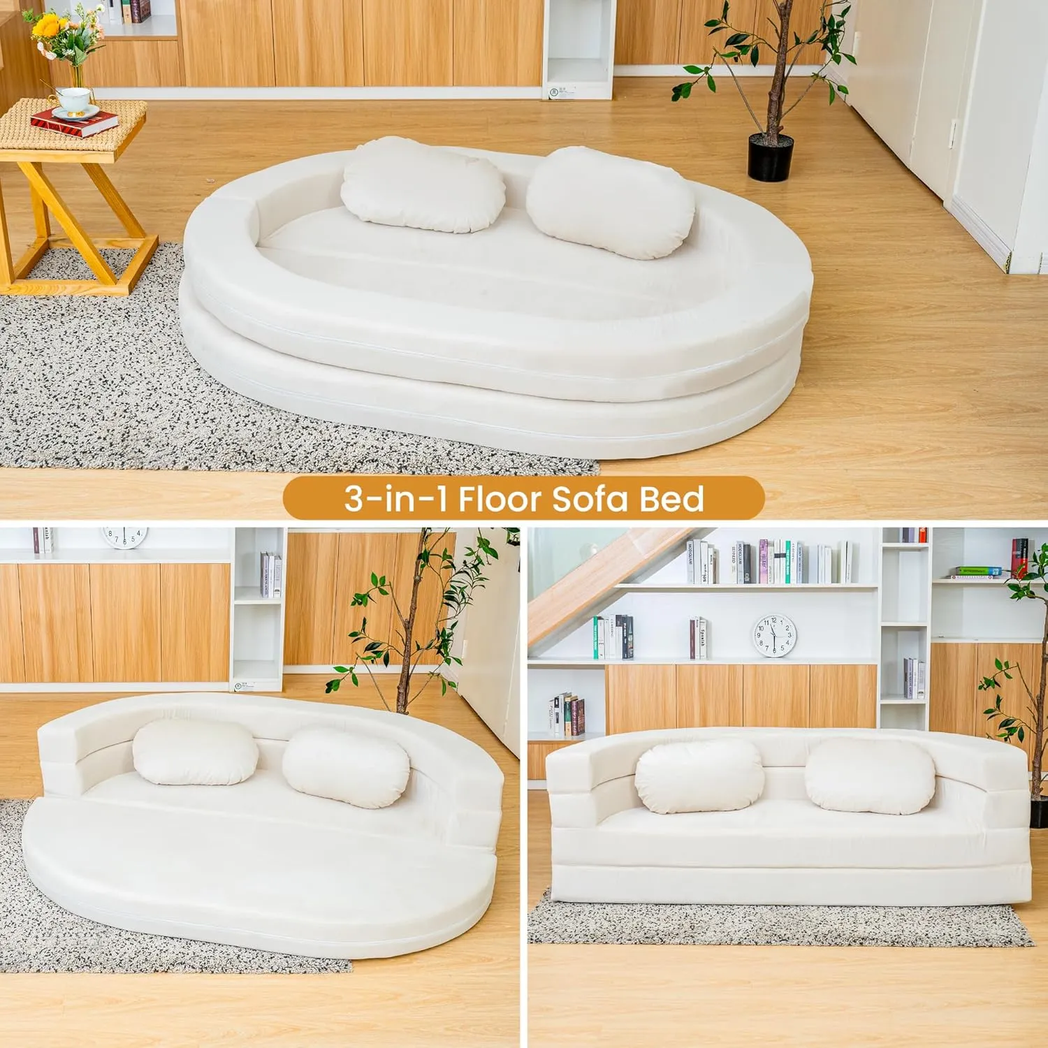 3-in-1 Bean Bag Chair for Adults, Folding Bean Bag Sofa, Giant Lazy Floor Sofa Bed, Velvet Memory Foam BeanBag Chairs with Pillow for Bedroom, Living Room, Dorm