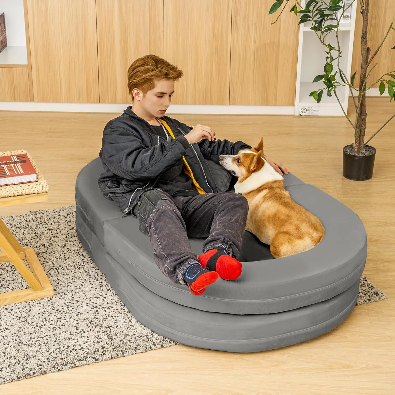 3-in-1 Bean Bag Chair for Adults, Folding Bean Bag Sofa, Giant Lazy Floor Sofa Bed, Velvet Memory Foam BeanBag Chairs with Pillow for Bedroom, Living Room, Dorm