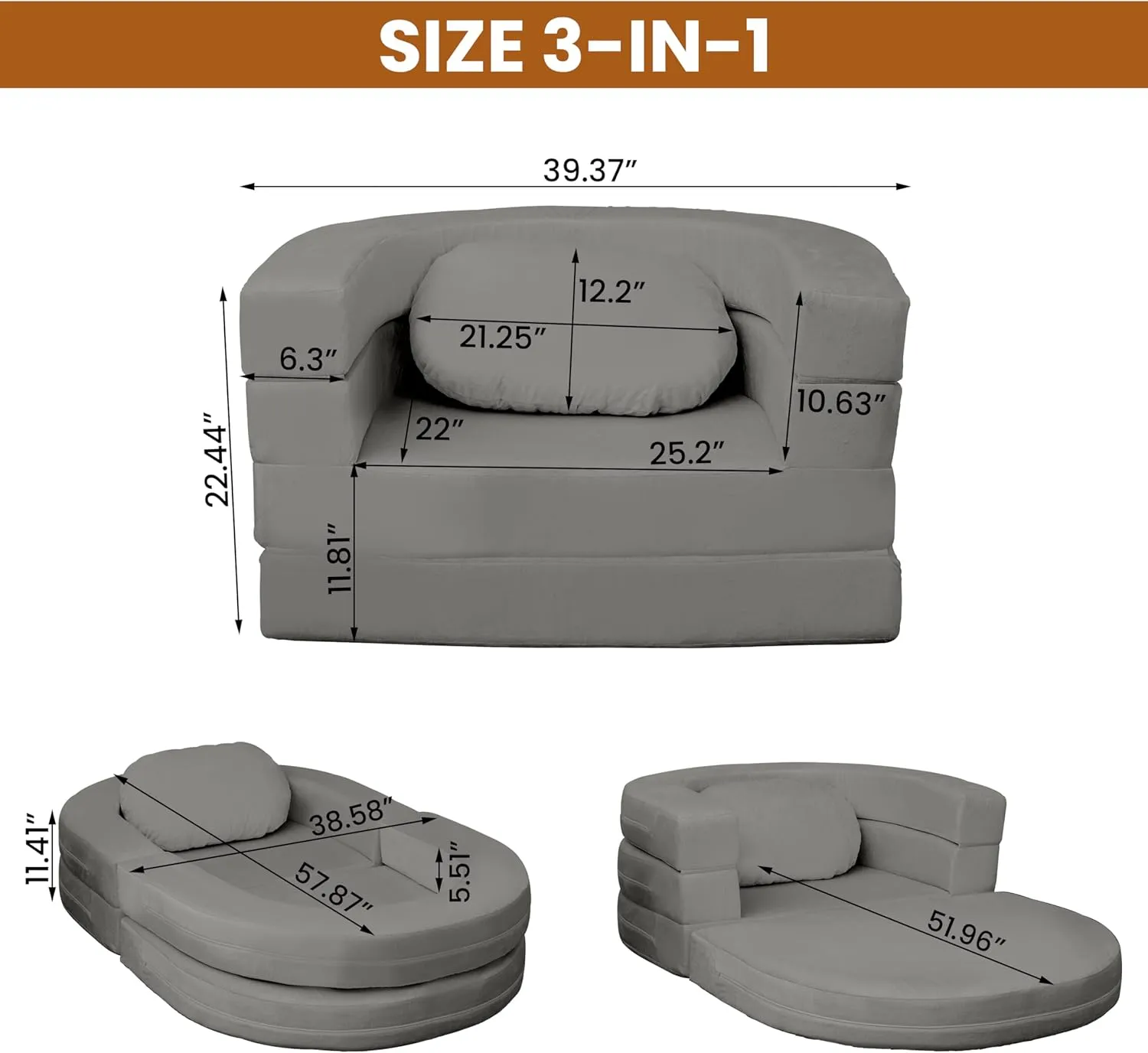 3-in-1 Bean Bag Chair for Adults, Folding Bean Bag Sofa, Giant Lazy Floor Sofa Bed, Velvet Memory Foam BeanBag Chairs with Pillow for Bedroom, Living Room, Dorm