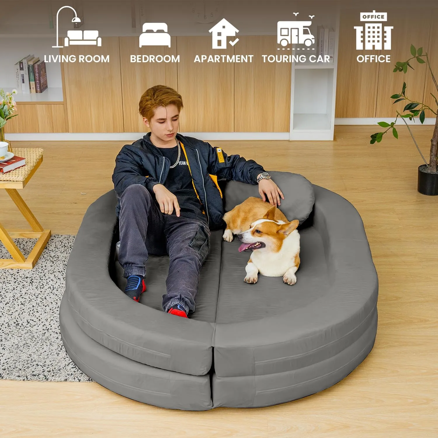3-in-1 Bean Bag Chair for Adults, Folding Bean Bag Sofa, Giant Lazy Floor Sofa Bed, Velvet Memory Foam BeanBag Chairs with Pillow for Bedroom, Living Room, Dorm