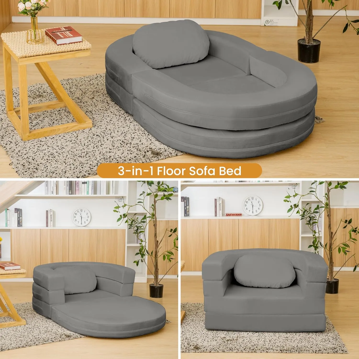 3-in-1 Bean Bag Chair for Adults, Folding Bean Bag Sofa, Giant Lazy Floor Sofa Bed, Velvet Memory Foam BeanBag Chairs with Pillow for Bedroom, Living Room, Dorm