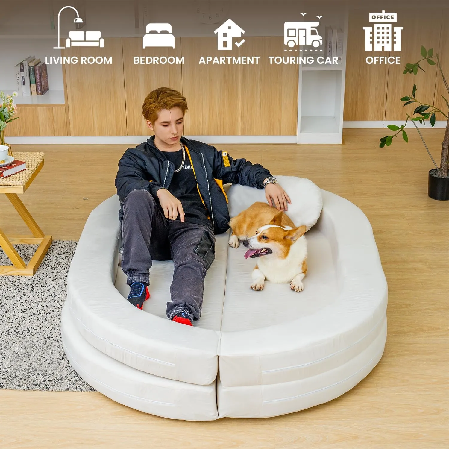 3-in-1 Bean Bag Chair for Adults, Folding Bean Bag Sofa, Giant Lazy Floor Sofa Bed, Velvet Memory Foam BeanBag Chairs with Pillow for Bedroom, Living Room, Dorm