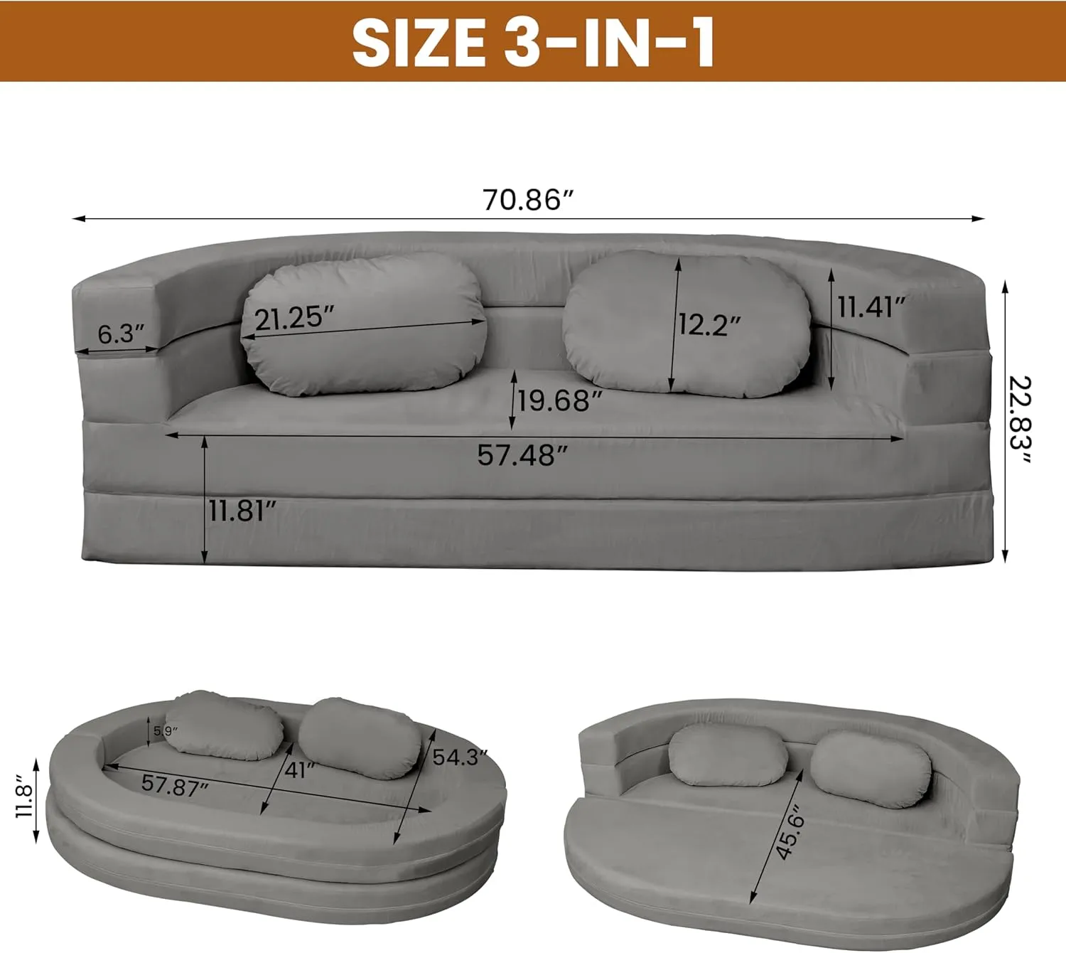 3-in-1 Bean Bag Chair for Adults, Folding Bean Bag Sofa, Giant Lazy Floor Sofa Bed, Velvet Memory Foam BeanBag Chairs with Pillow for Bedroom, Living Room, Dorm