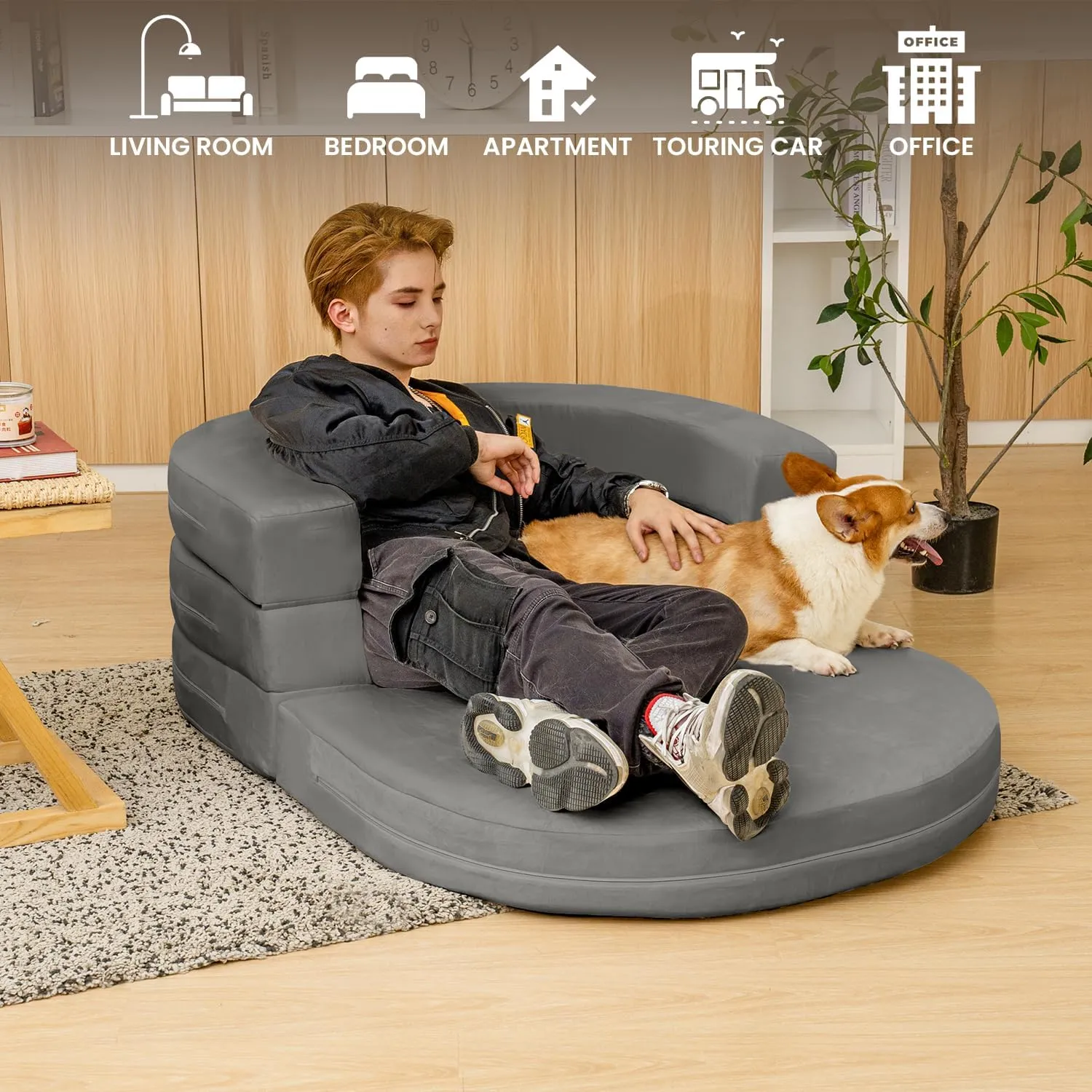 3-in-1 Bean Bag Chair for Adults, Folding Bean Bag Sofa, Giant Lazy Floor Sofa Bed, Velvet Memory Foam BeanBag Chairs with Pillow for Bedroom, Living Room, Dorm