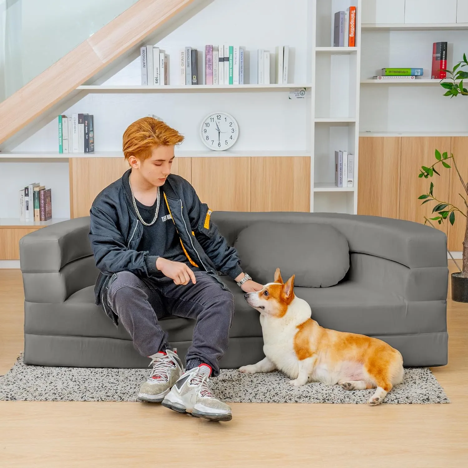 3-in-1 Bean Bag Chair for Adults, Folding Bean Bag Sofa, Giant Lazy Floor Sofa Bed, Velvet Memory Foam BeanBag Chairs with Pillow for Bedroom, Living Room, Dorm