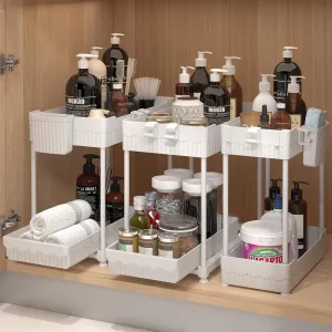 3 Pack Under Sink Organizer, 2-Tier Multi-Use Kitchen Bathroom Organizers and Storage with Sliding Drawer，Bathroom Cabinet Organizer (White)