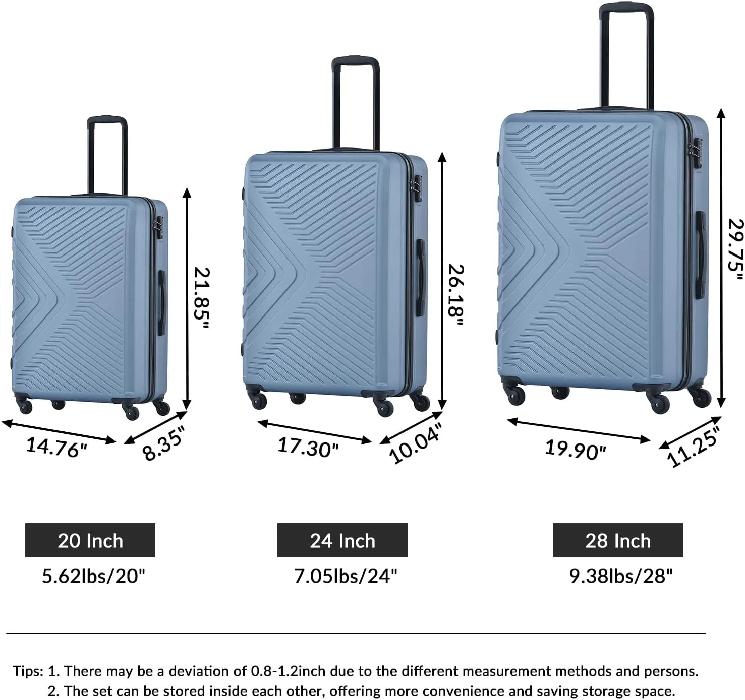 3 Piece Luggage Sets 20"/24"/28" Lightweight Hardshell Suitcase with 2 Hooks, Spinner Wheels, TSA Lock for Travel Blue As Shown One Size