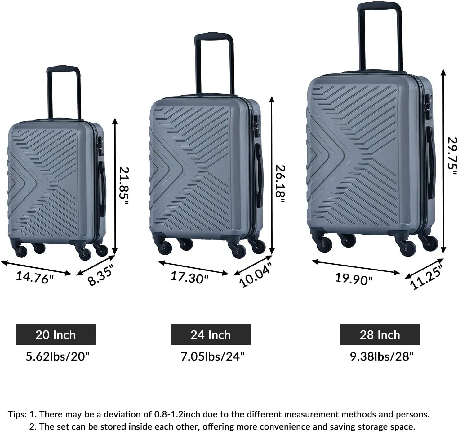 3 Piece Luggage Sets 20"/24"/28" Lightweight Hardshell Suitcase with 2 Hooks, Spinner Wheels, TSA Lock for Travel Gray As Shown One Size