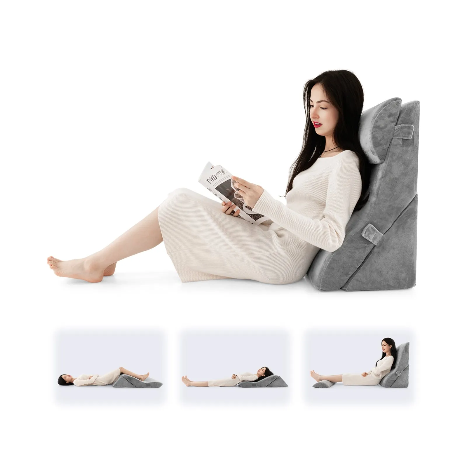 3 Pieces Orthopedic Bed Wedge Pillow Set Adjustable Support for Back Neck-Gray