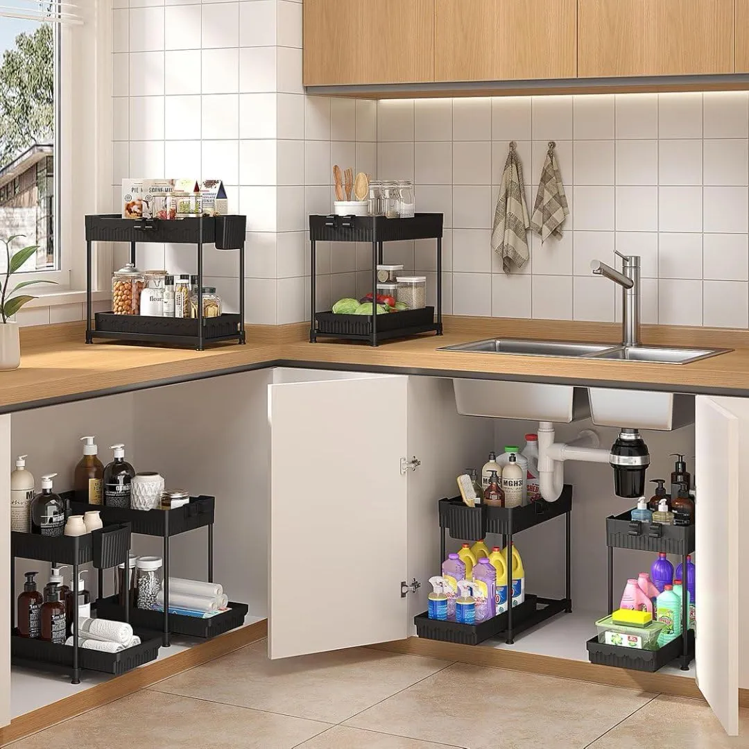 3 Sets of Under Sink Organizers, 2-Tier Multi-Use Kitchen and Bathroom Organizers and Storage with Sliding Drawers，Bathroom Cabinet Organizer (Black)