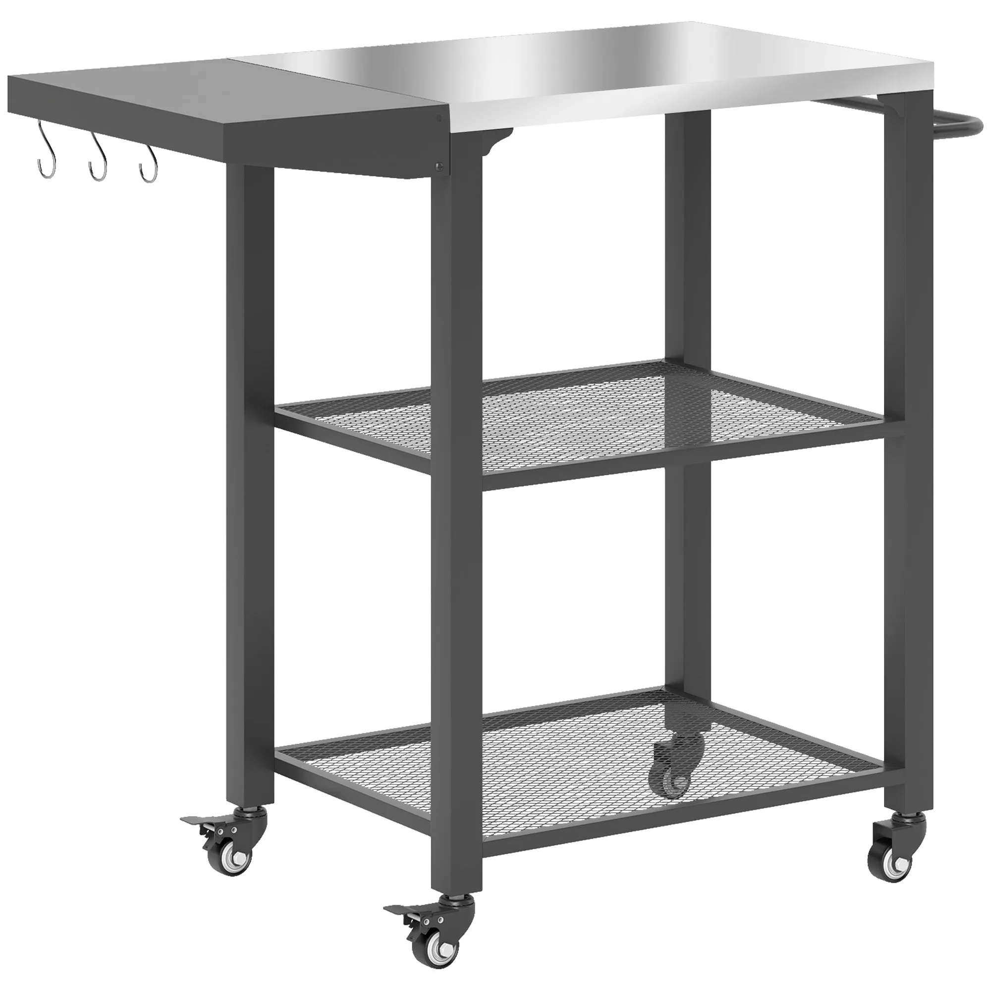 3-Shelf Outdoor Grill Cart with Foldable Side Table, 22" x 16.1" Pizza Oven Stand with Stainless Steel Tabletop, Hooks, Movable Food Prep Table on Wheels