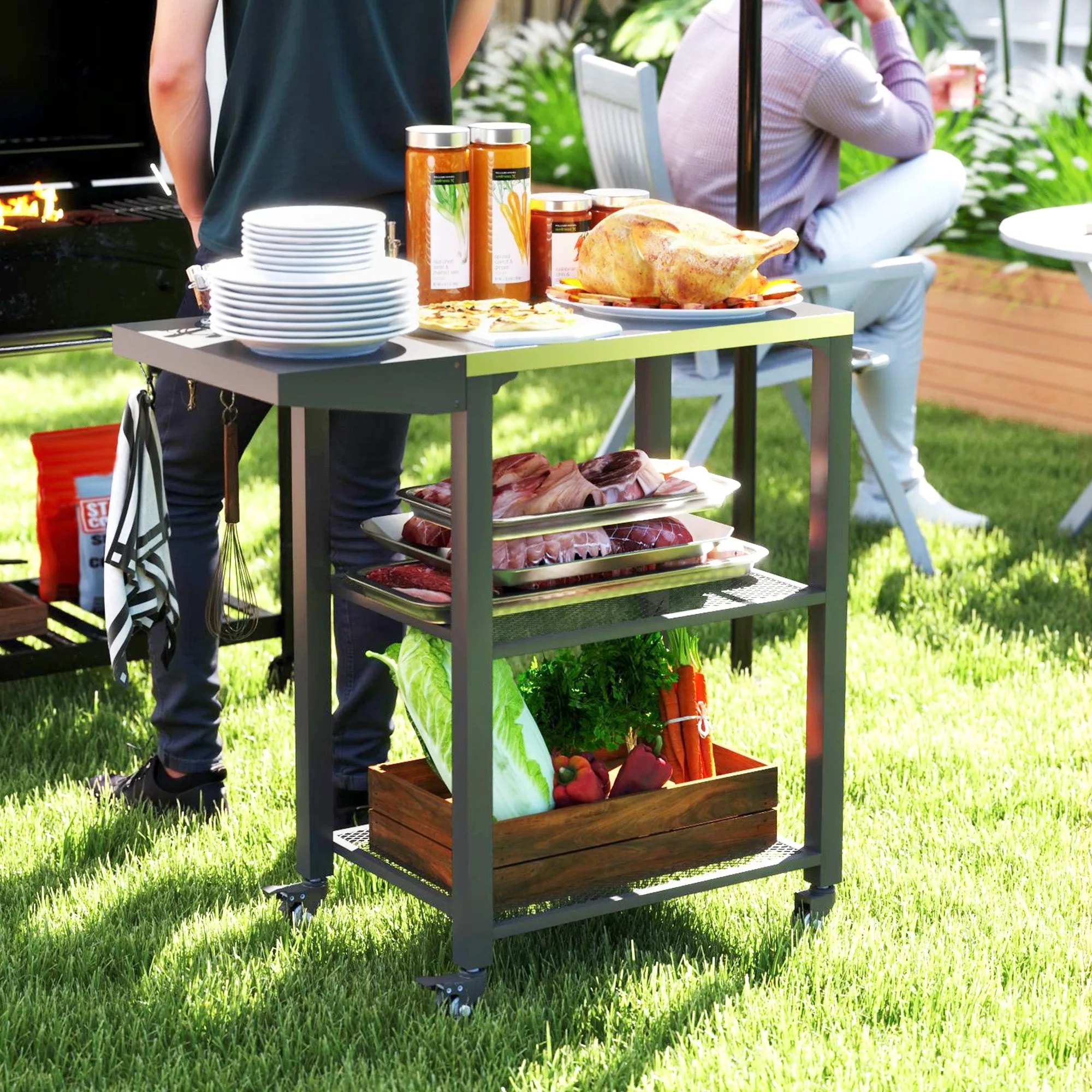 3-Shelf Outdoor Grill Cart with Foldable Side Table, 22" x 16.1" Pizza Oven Stand with Stainless Steel Tabletop, Hooks, Movable Food Prep Table on Wheels